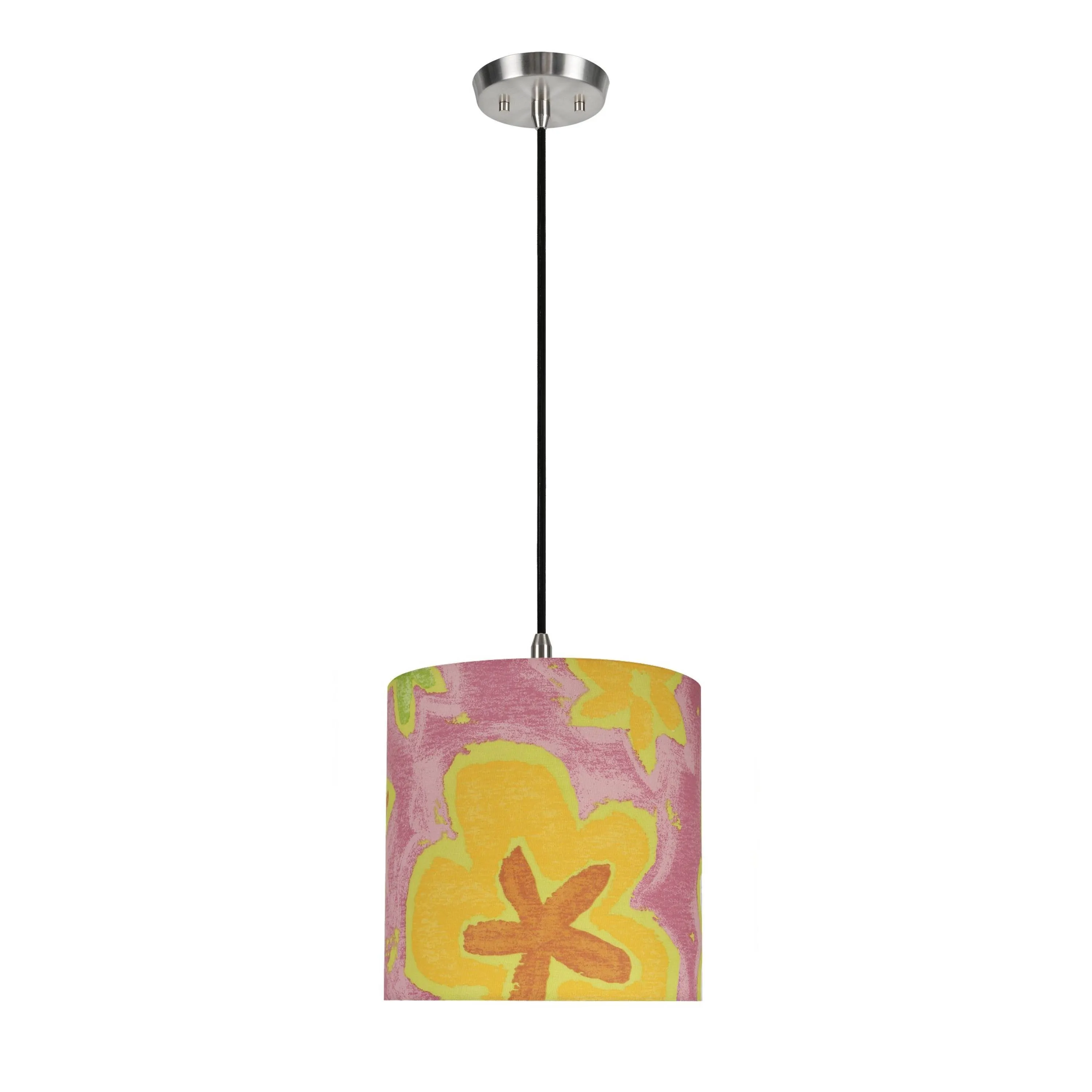 # 71061-11 One-Light Hanging Pendant Ceiling Light with Transitional Drum Fabric Lamp Shade, Pink, 8" width