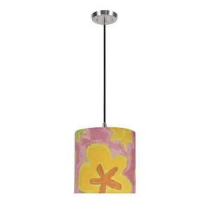 # 71061-11 One-Light Hanging Pendant Ceiling Light with Transitional Drum Fabric Lamp Shade, Pink, 8" width