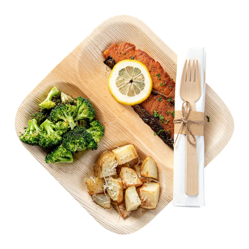 100 Indo Square 8" Natural Palm Leaf Plates and 100 Natural Bamboo Disposable Flatware Sets