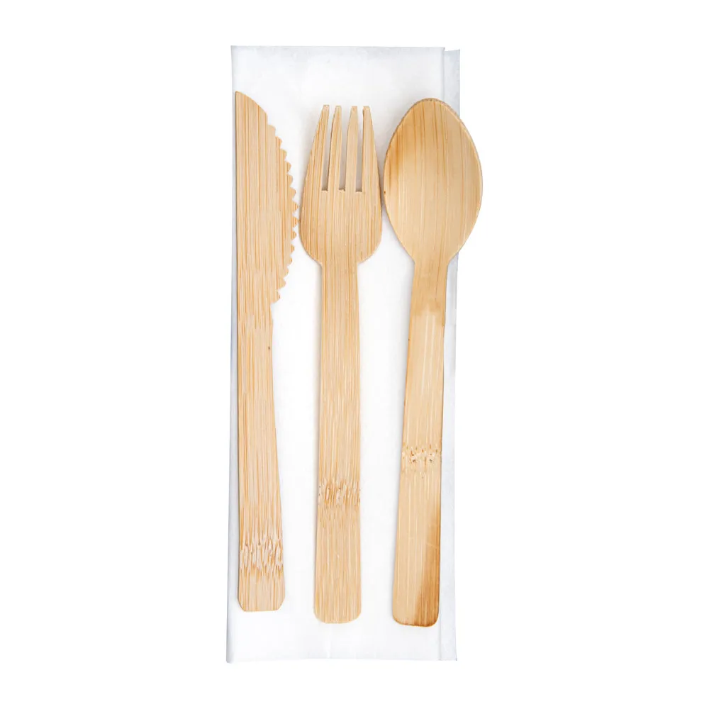 100 Indo Square 8" Natural Palm Leaf Plates and 100 Natural Bamboo Disposable Flatware Sets