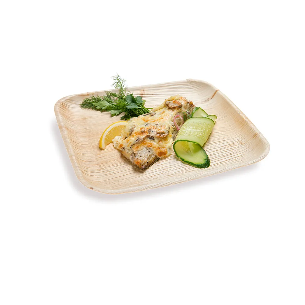 100 Indo Square 8" Natural Palm Leaf Plates and 100 Natural Bamboo Disposable Flatware Sets