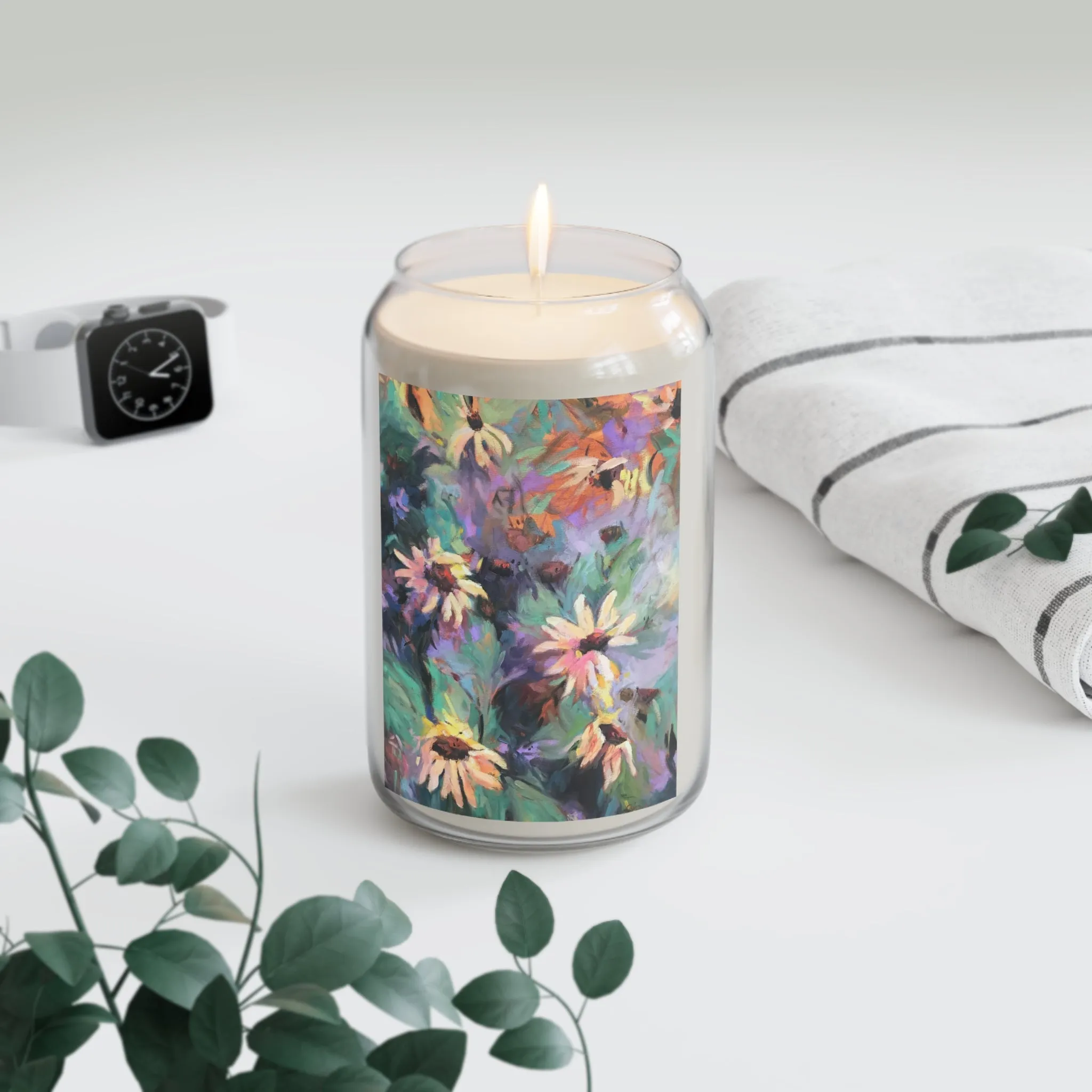 13.75oz Eco-Friendly Scented or Unscented Soy Wax Candle Jar  with 'Eastern Light Wildflowers' Floral Artwork by American Artist Barbara Cleary