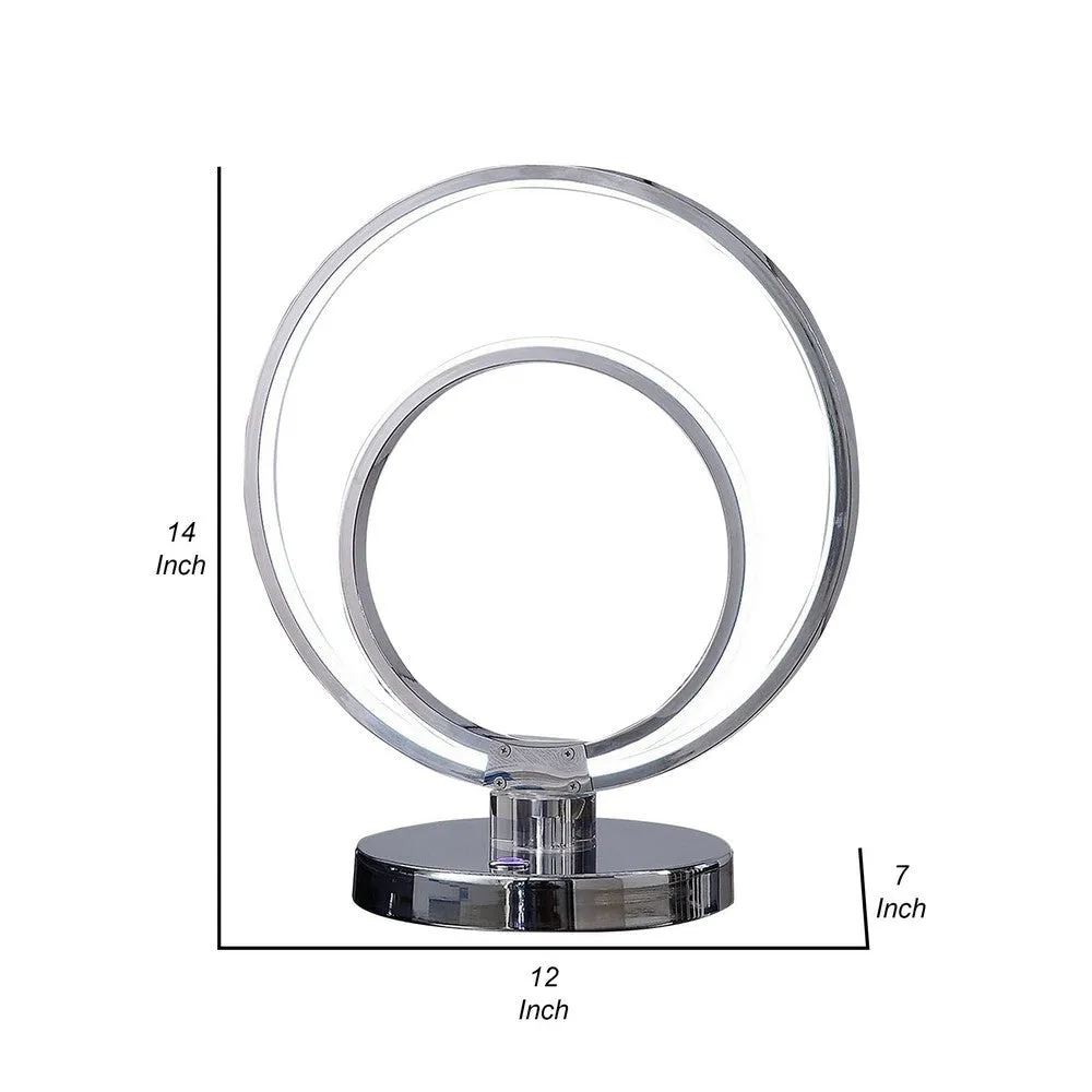 14 Inch Table Lamp, Modern Ring LED Light, Round Metal Base, Silver By Casagear Home