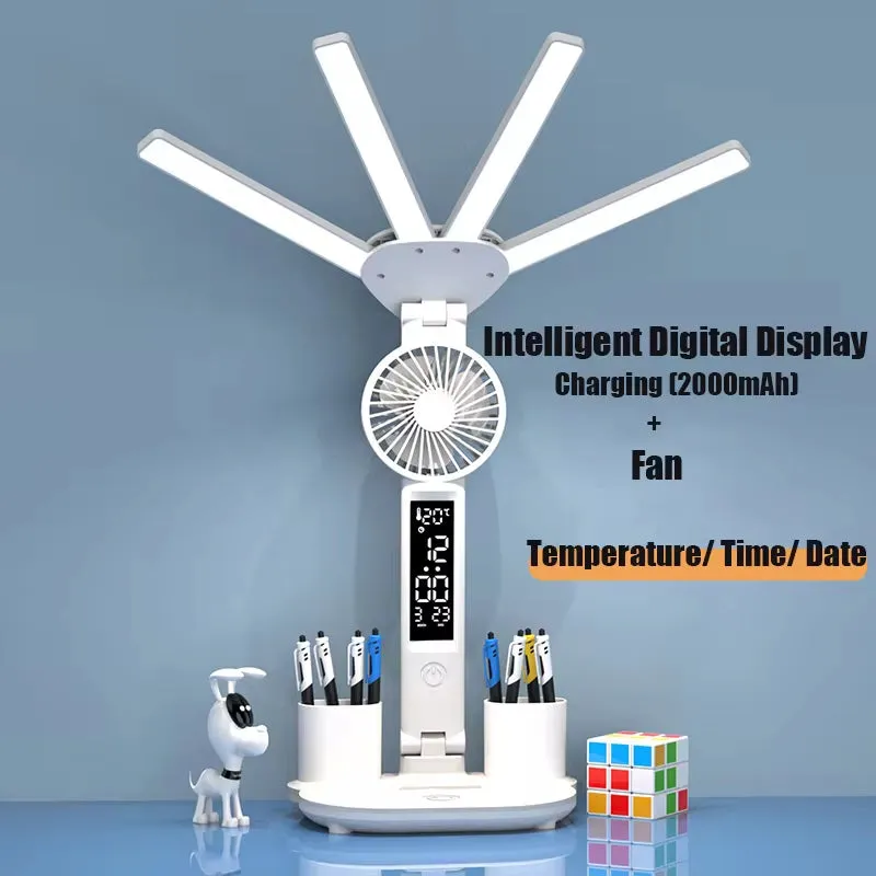 3In1 Multifunctional Desk Lamp LED Desk Lamp Four-Head Folding with Fan Calendar Clock USB Rechargeable Reading Office Desk Lamp