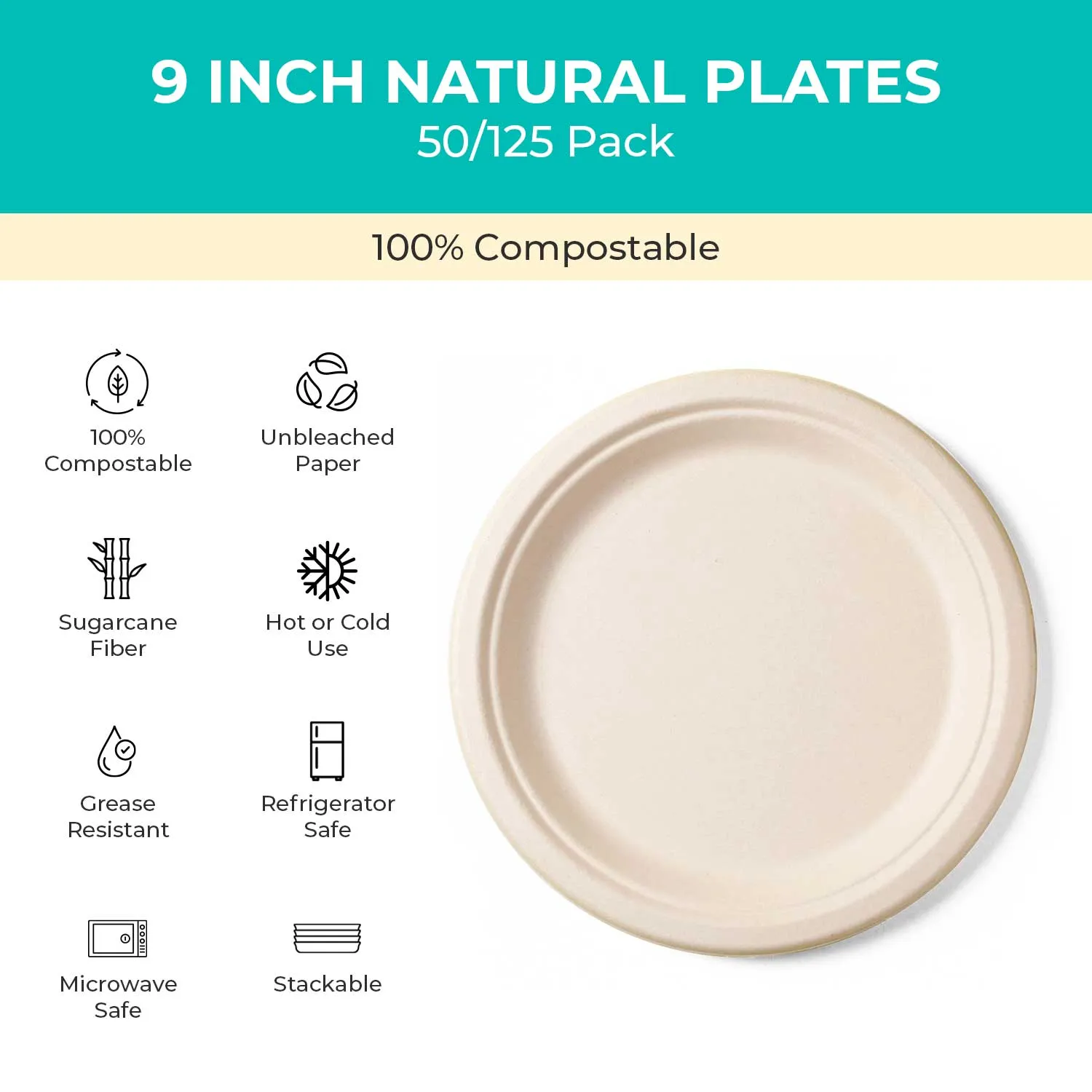 9-inches Renewable Fiber (Paper) Plates (50-Pack, 125-Pack or 500-Pack), PFAS, Bleach Free, BPI Certified, Compostable
