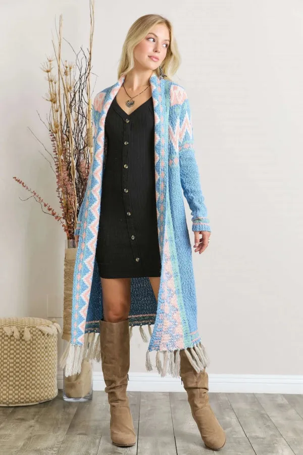 Adora Sky Blue Pastel Tassel Tribal Cardigan