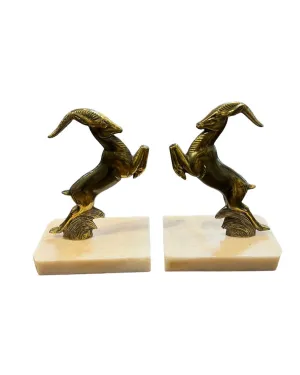 Art Deco French Brass & Marble Gazelle Bookends