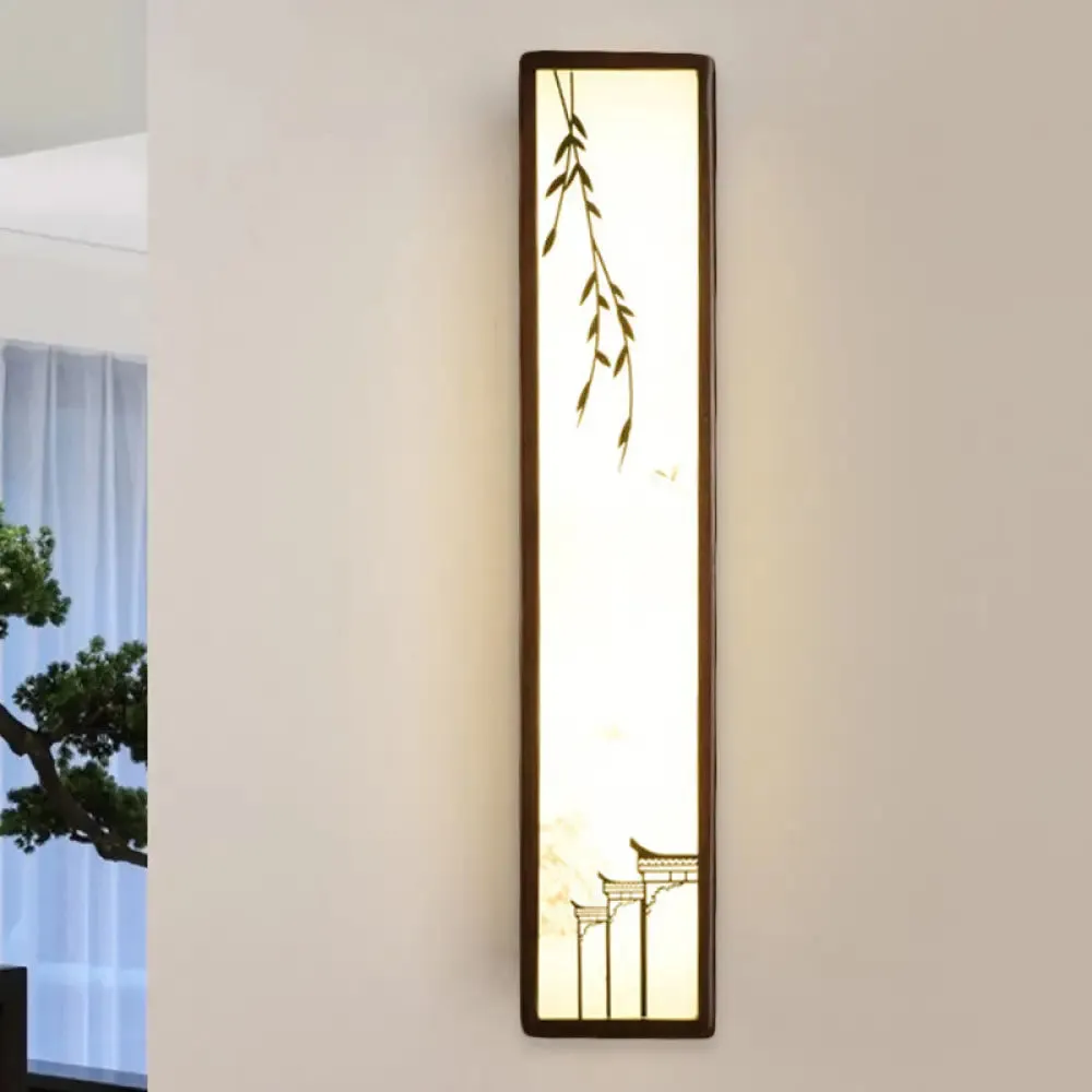Asian-inspired Bamboo and House LED Wall Sconce in Acrylic Rectangle Design