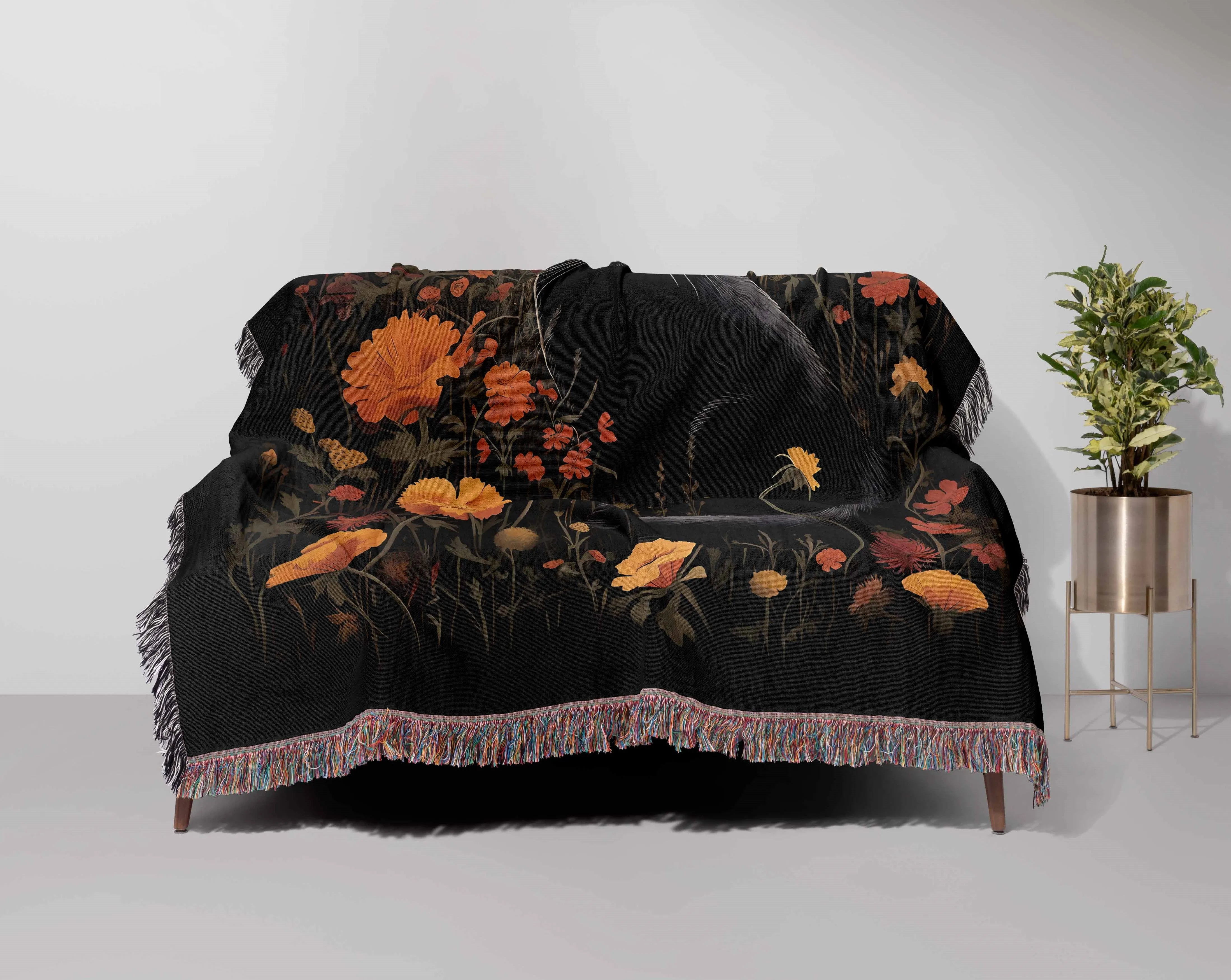Black Cat Fall Floral Moon 50" x 60" Gift Woven Jacquard Blanket