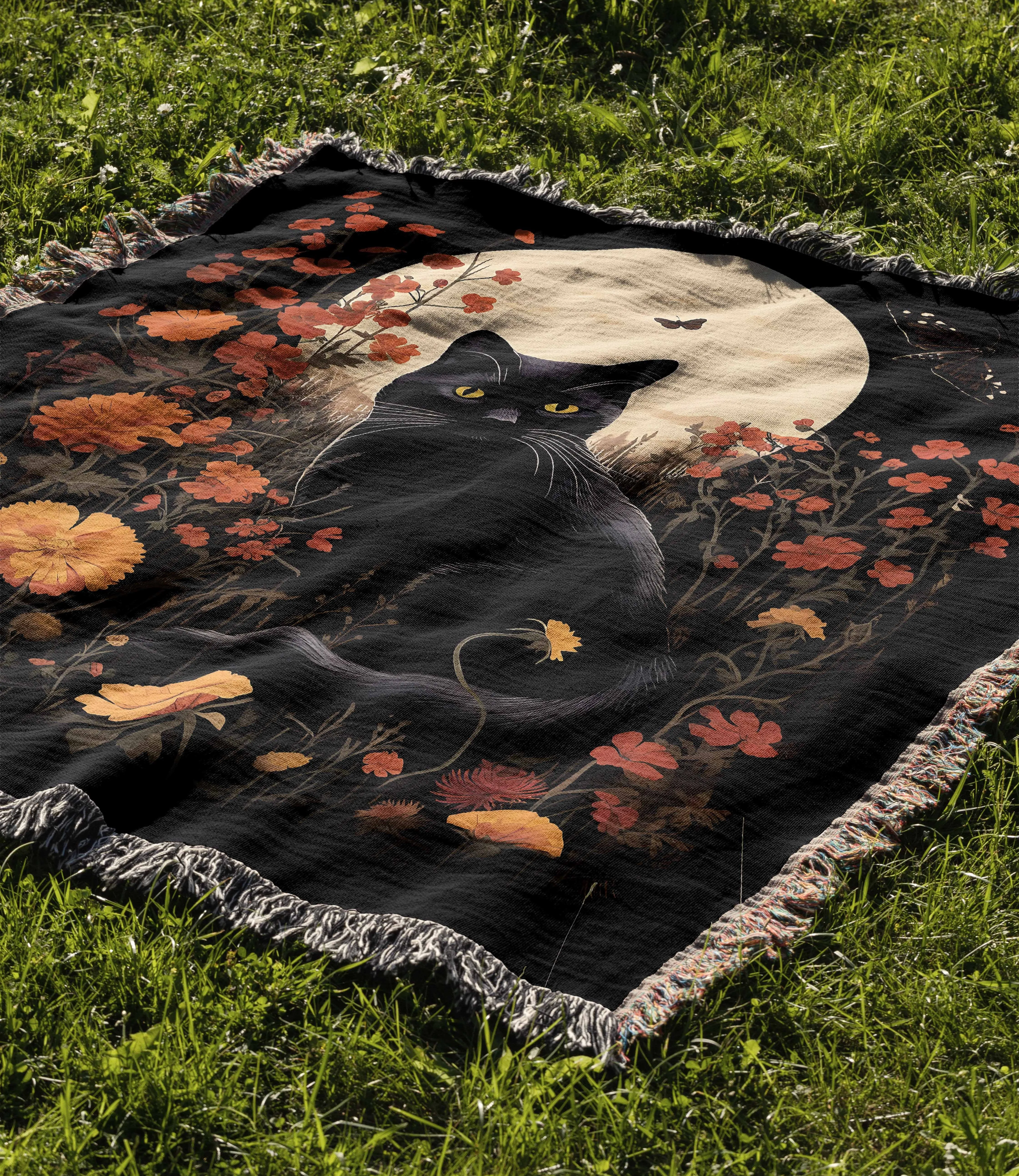 Black Cat Fall Floral Moon 50" x 60" Gift Woven Jacquard Blanket