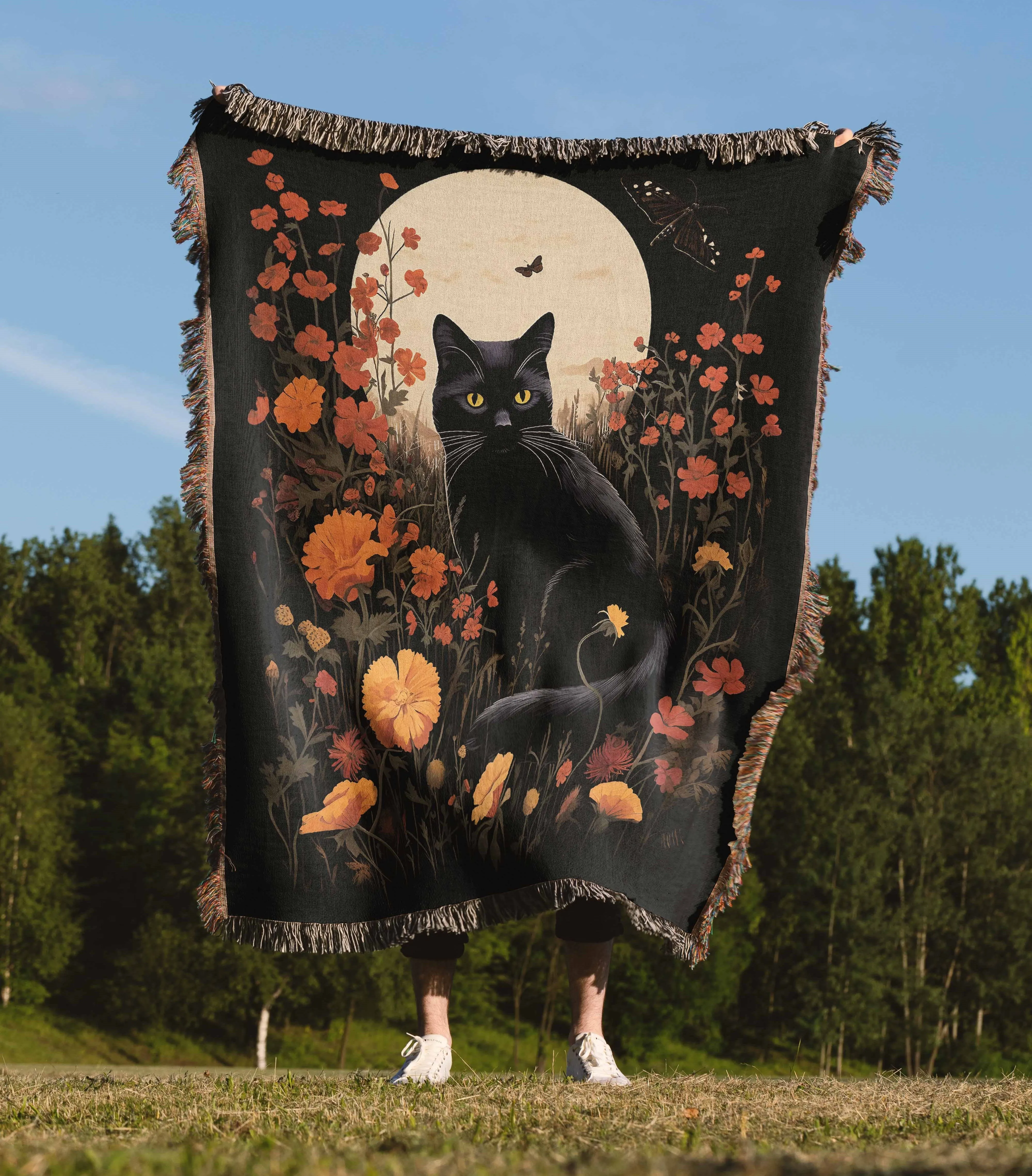 Black Cat Fall Floral Moon 50" x 60" Gift Woven Jacquard Blanket