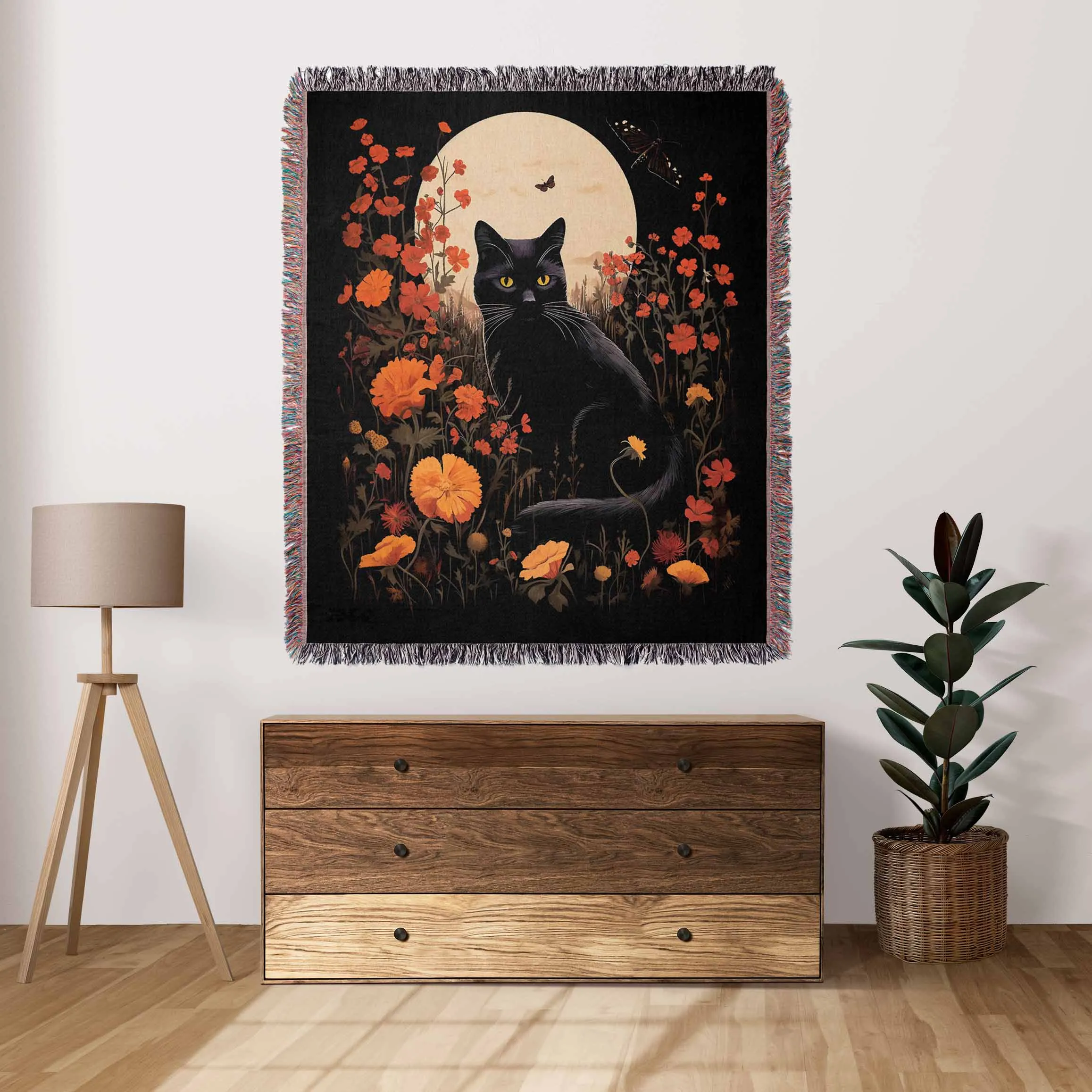 Black Cat Fall Floral Moon 50" x 60" Gift Woven Jacquard Blanket