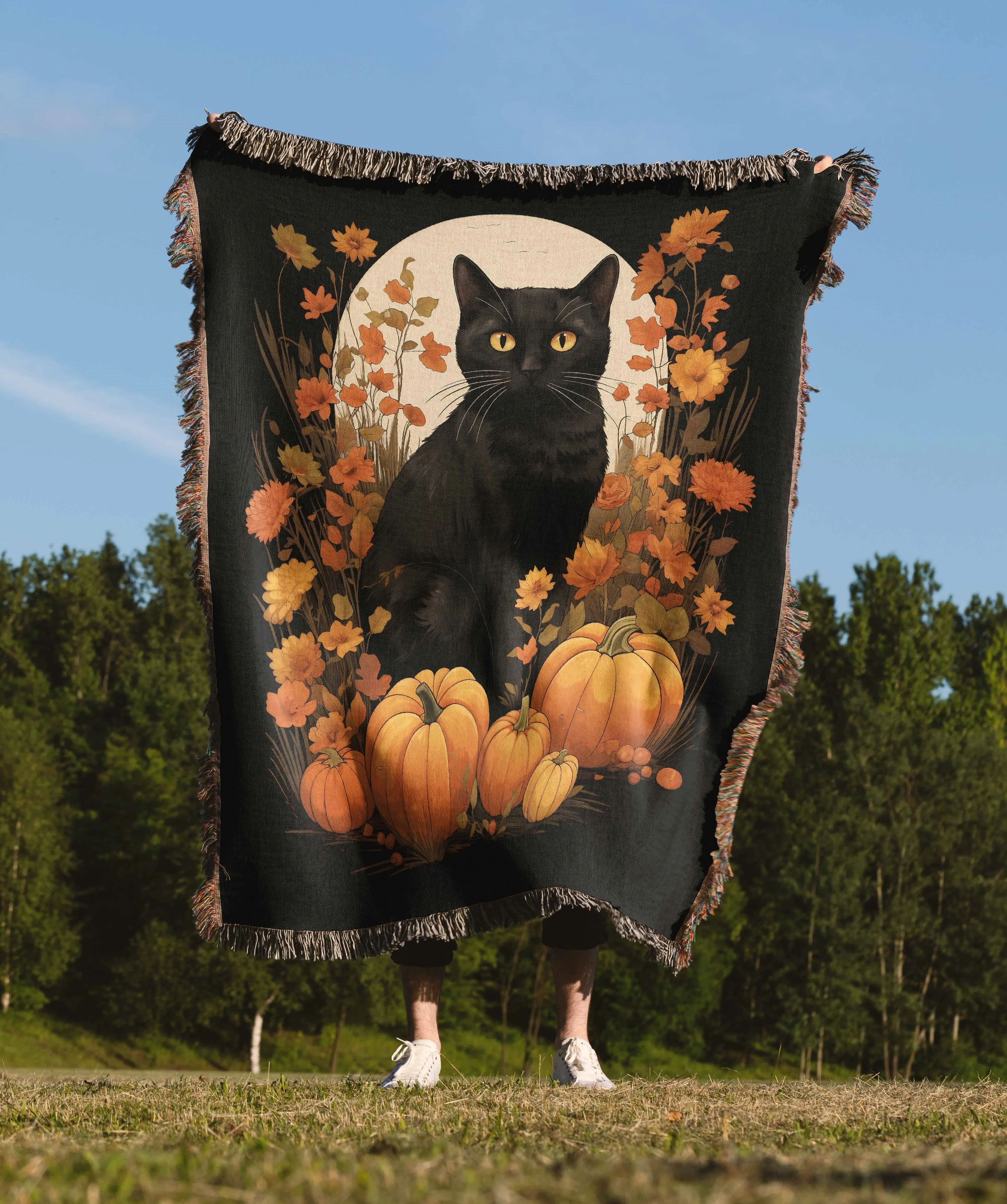 Black Cat Fall Floral Pumpkin Halloween 50" x 60" Gift Woven Jacquard Blanket