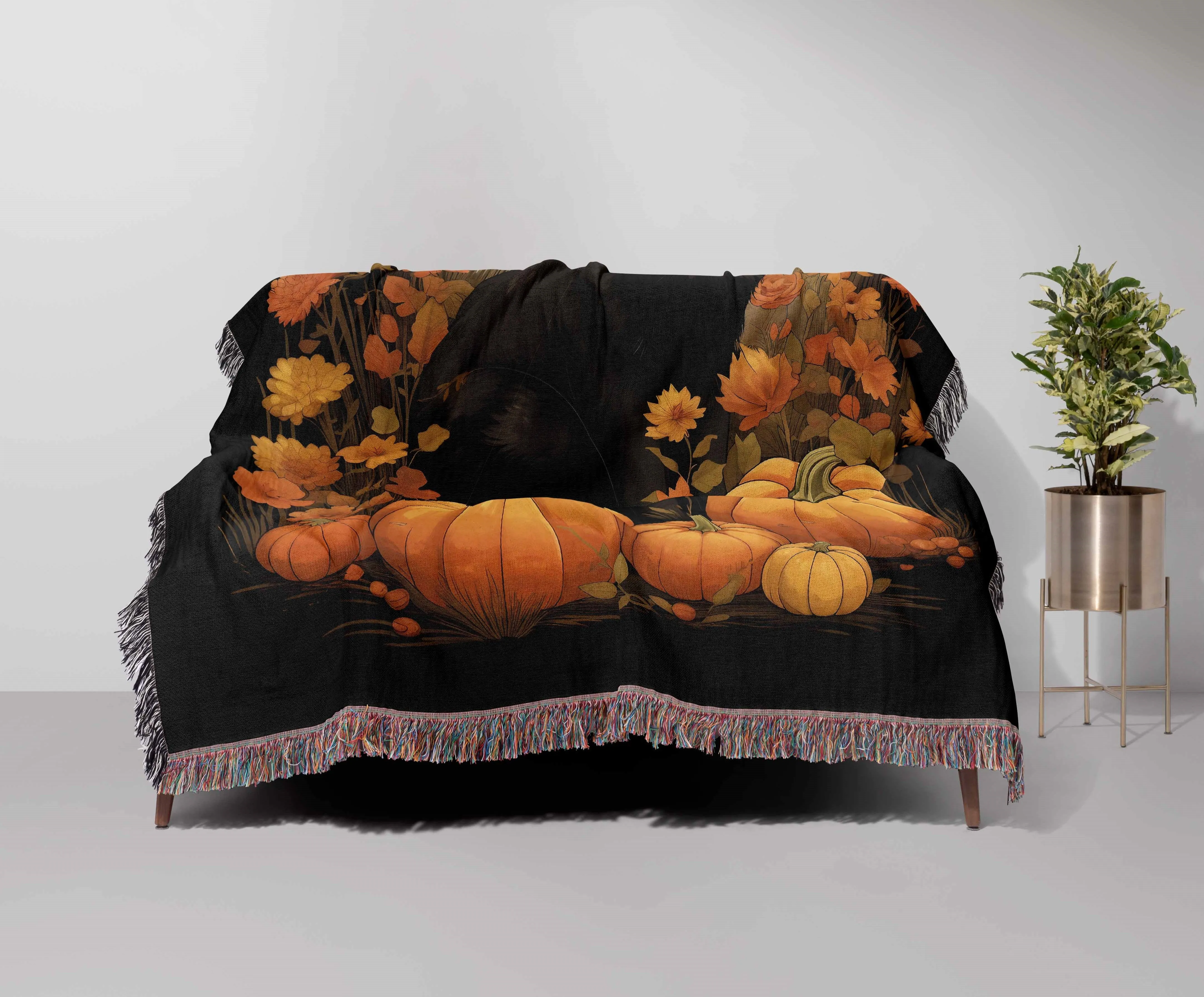 Black Cat Fall Floral Pumpkin Halloween 50" x 60" Gift Woven Jacquard Blanket