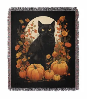 Black Cat Fall Floral Pumpkin Halloween 50" x 60" Gift Woven Jacquard Blanket