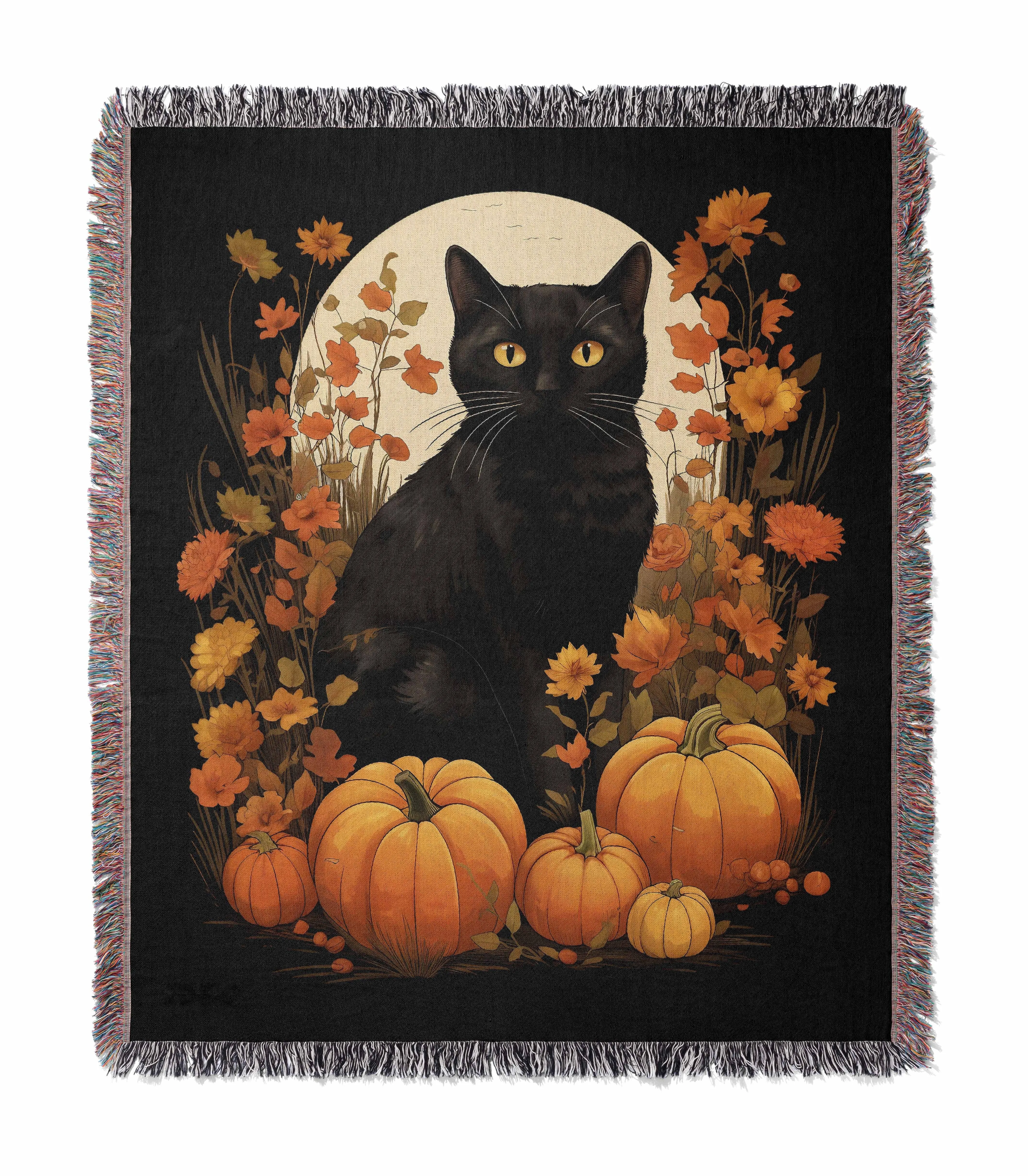 Black Cat Fall Floral Pumpkin Halloween 50" x 60" Gift Woven Jacquard Blanket