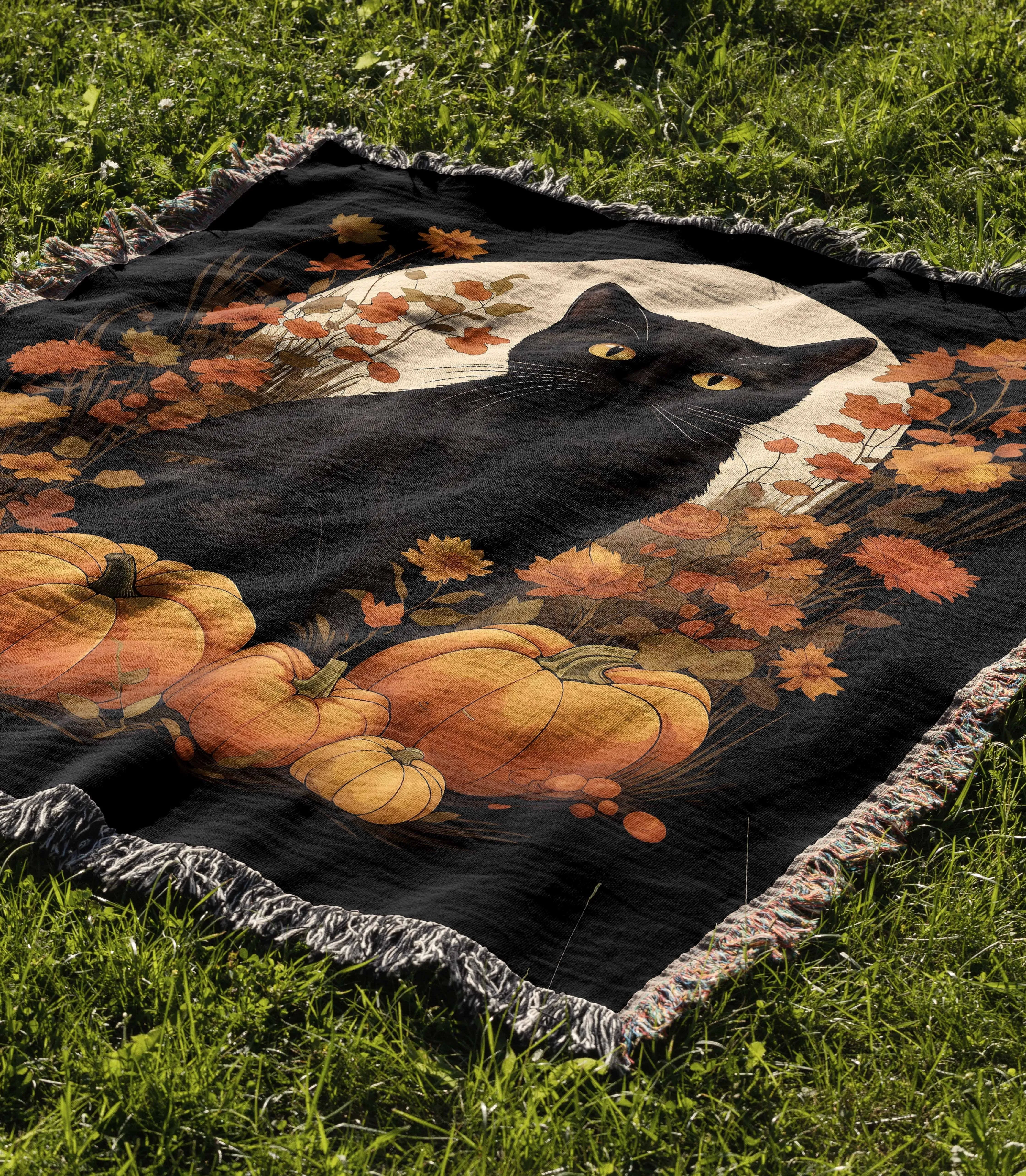 Black Cat Fall Floral Pumpkin Halloween 50" x 60" Gift Woven Jacquard Blanket