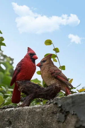 Cardinal Couple on Stump - Lifelike Cardinal Statue for Garden