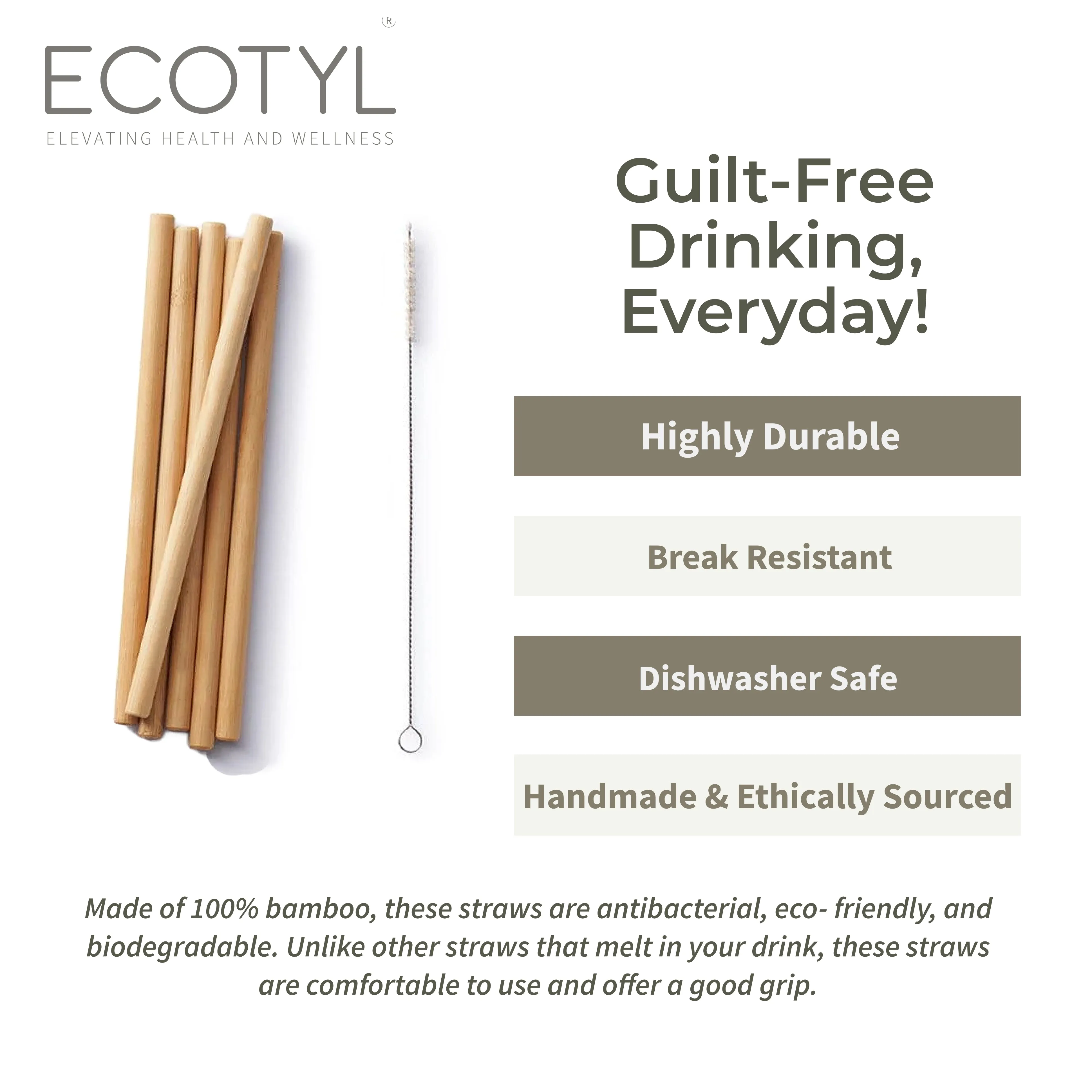 Ecotyl Bamboo Straws with Cleaning Brush | Set of 6 | Reusable Straws