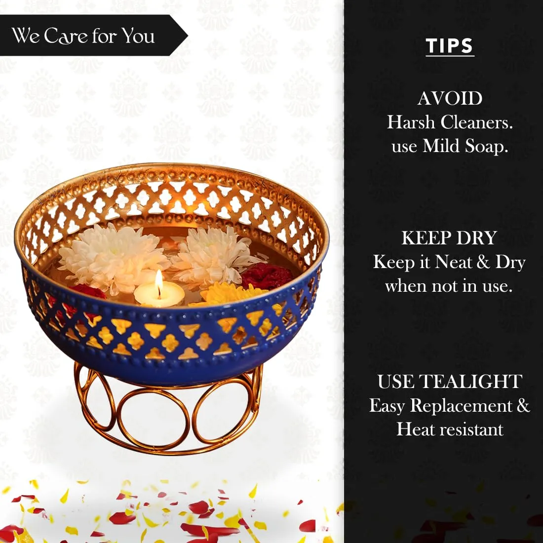 Ekhasa Blue Urli Bowl with Stand for Home Decor & Table Decoration | Floating Flowers, Tealight Candles Water Bowl for Diwali Pooja & Other Festivals | Gift for Various Occasions