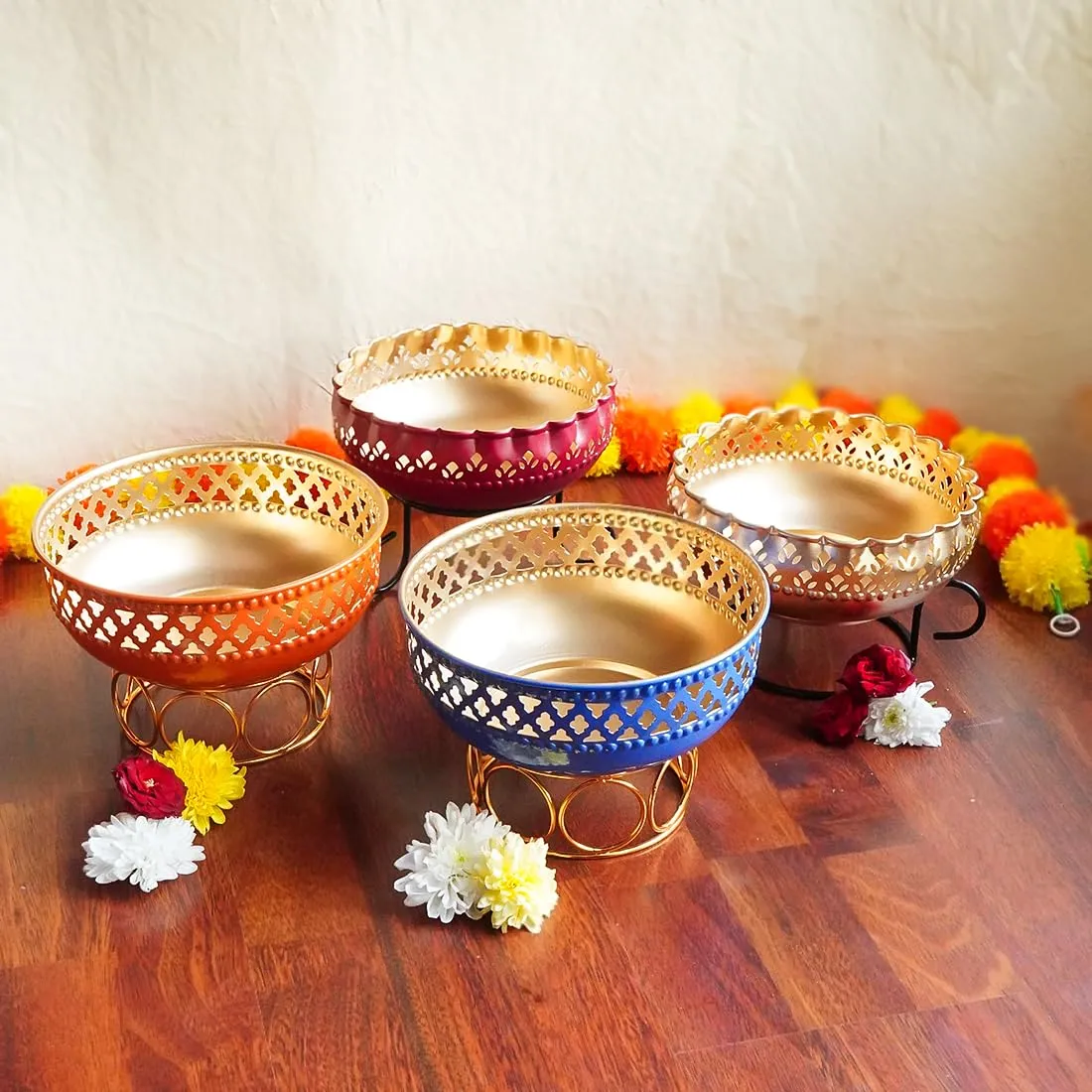 Ekhasa Blue Urli Bowl with Stand for Home Decor & Table Decoration | Floating Flowers, Tealight Candles Water Bowl for Diwali Pooja & Other Festivals | Gift for Various Occasions