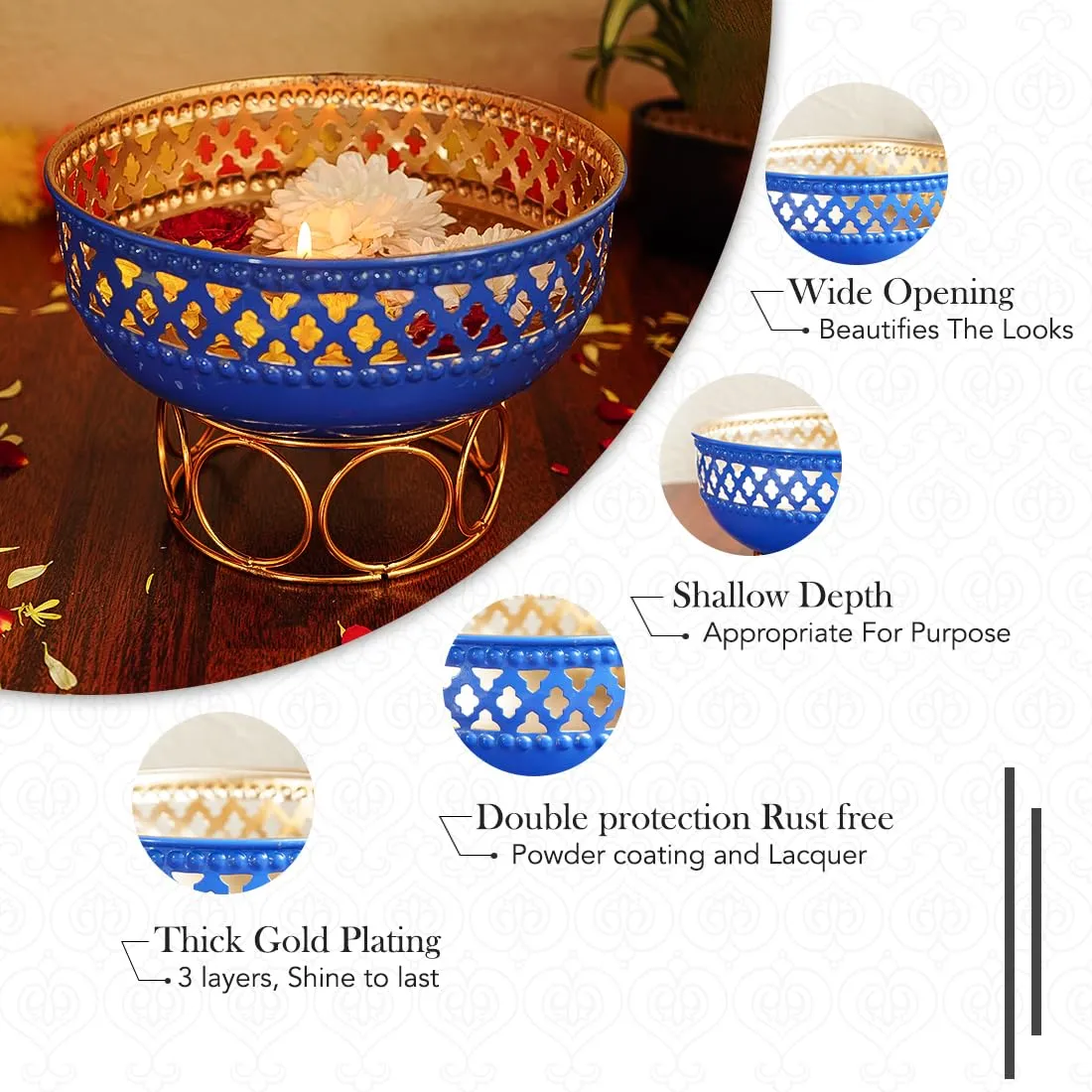 Ekhasa Blue Urli Bowl with Stand for Home Decor & Table Decoration | Floating Flowers, Tealight Candles Water Bowl for Diwali Pooja & Other Festivals | Gift for Various Occasions