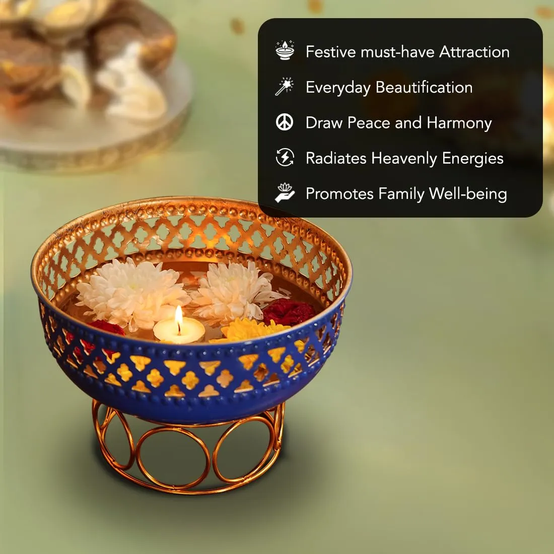Ekhasa Blue Urli Bowl with Stand for Home Decor & Table Decoration | Floating Flowers, Tealight Candles Water Bowl for Diwali Pooja & Other Festivals | Gift for Various Occasions