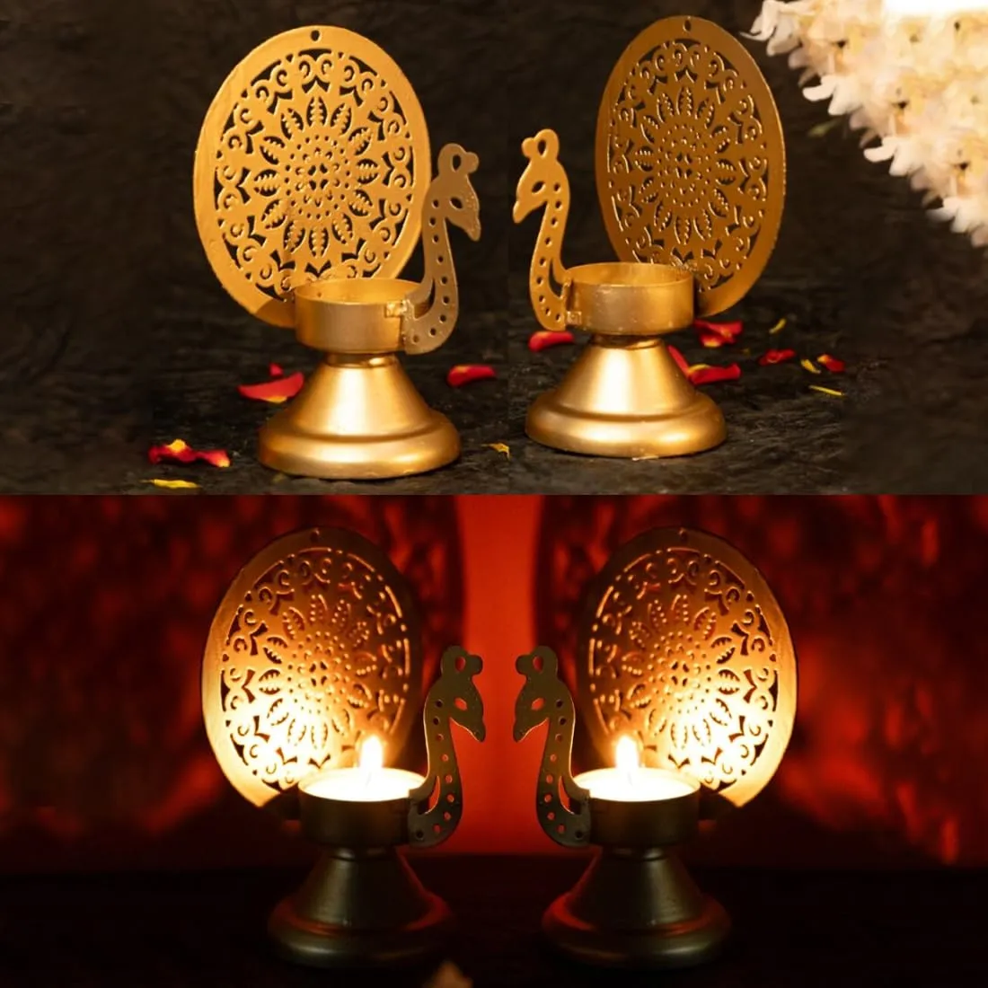 Ekhasa Green Urli Bowl with Stand and Peacock Tealight Holder for Home Decor & Table Decoration | Floating Flowers, Tealight Candles Water Bowl for Diwali Pooja & Festivals | (Tealight, Urli Combo)