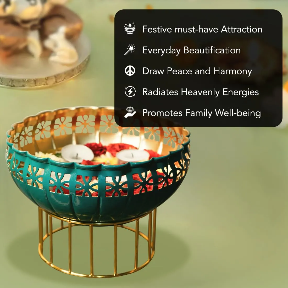 Ekhasa Green Urli Bowl with Stand and Peacock Tealight Holder for Home Decor & Table Decoration | Floating Flowers, Tealight Candles Water Bowl for Diwali Pooja & Festivals | (Tealight, Urli Combo)