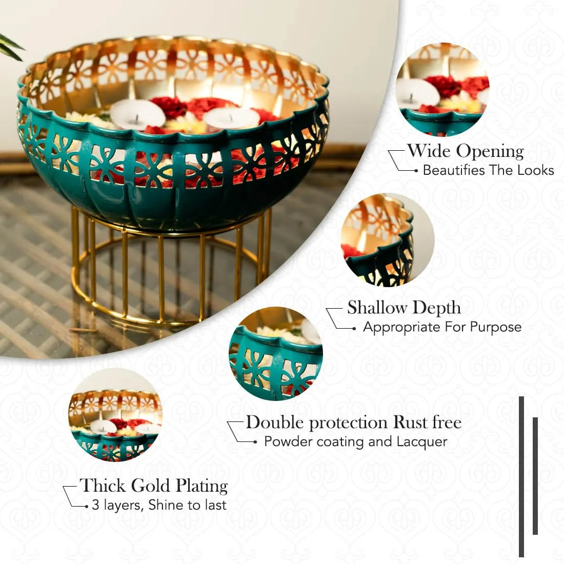 Ekhasa Green Urli Bowl with Stand and Peacock Tealight Holder for Home Decor & Table Decoration | Floating Flowers, Tealight Candles Water Bowl for Diwali Pooja & Festivals | (Tealight, Urli Combo)