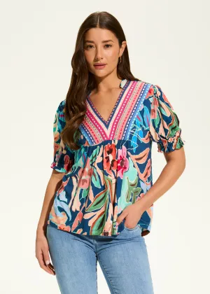 Elbow Sleeve Embellished Top, Pop Camo Floral