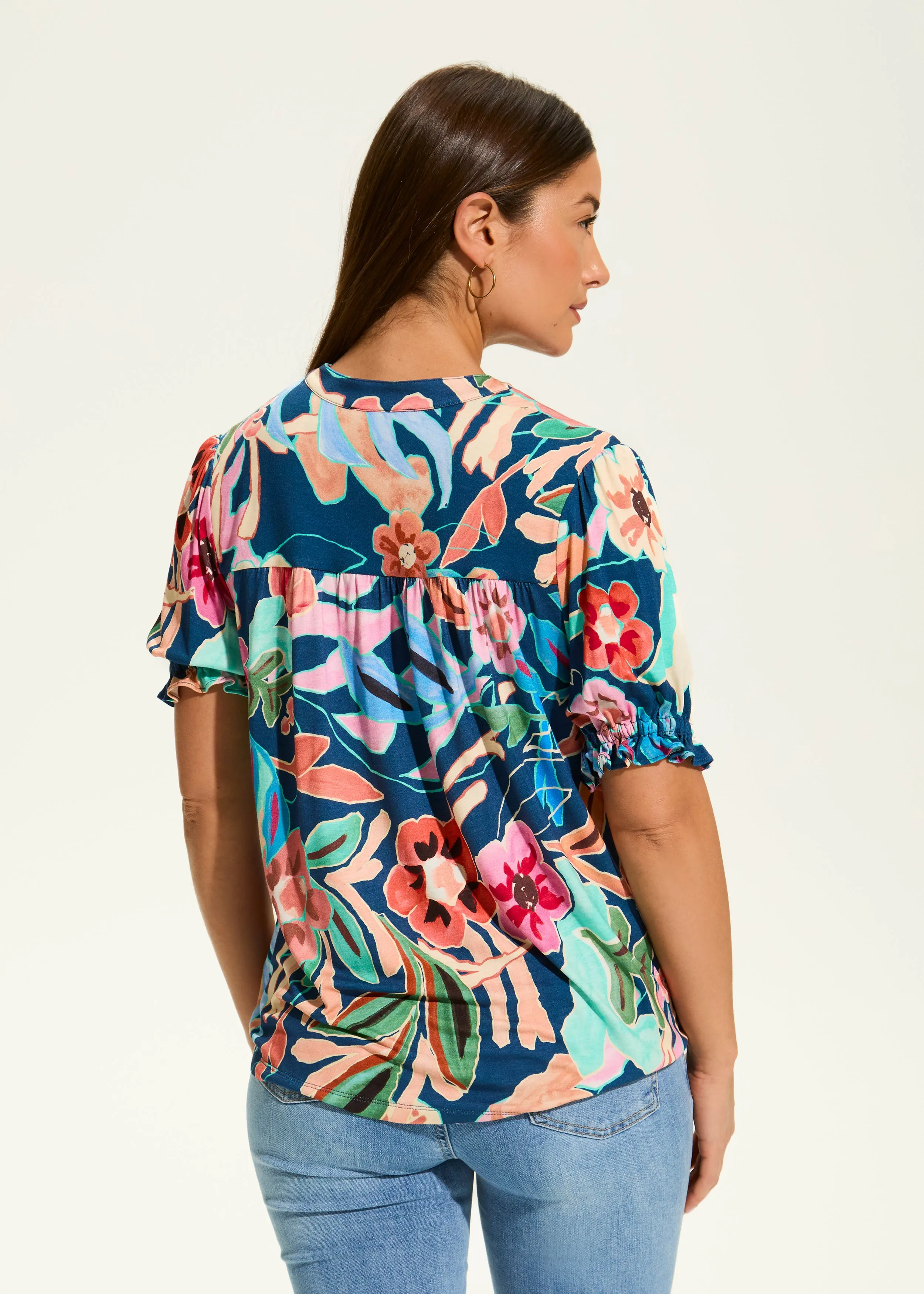 Elbow Sleeve Embellished Top, Pop Camo Floral