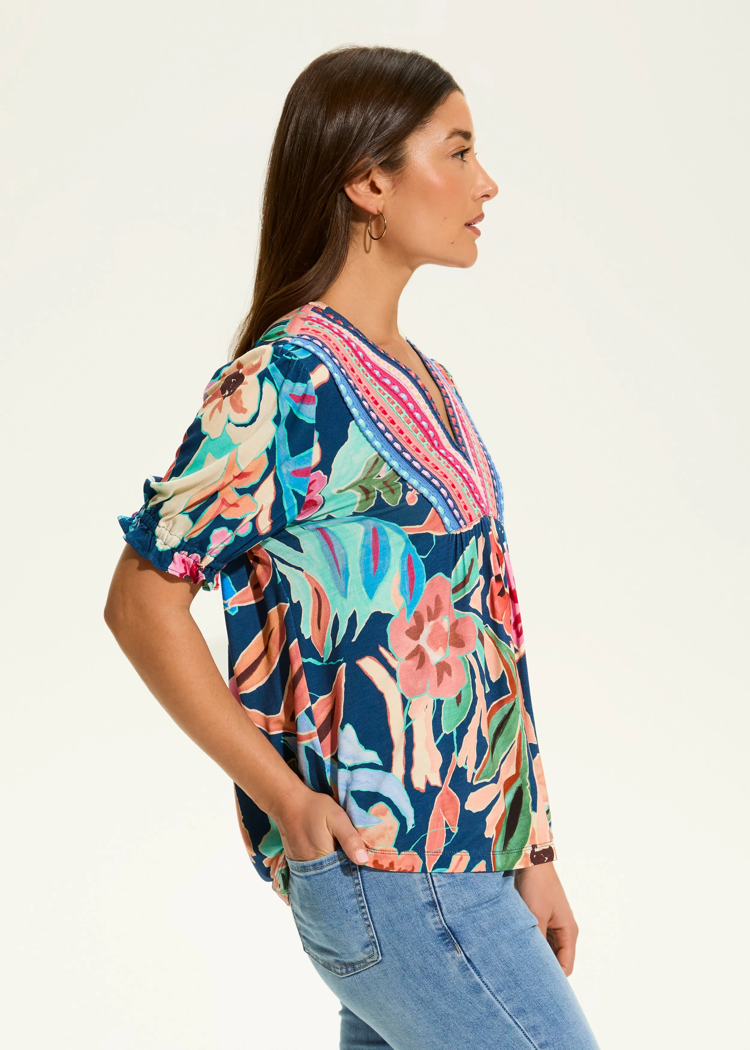 Elbow Sleeve Embellished Top, Pop Camo Floral