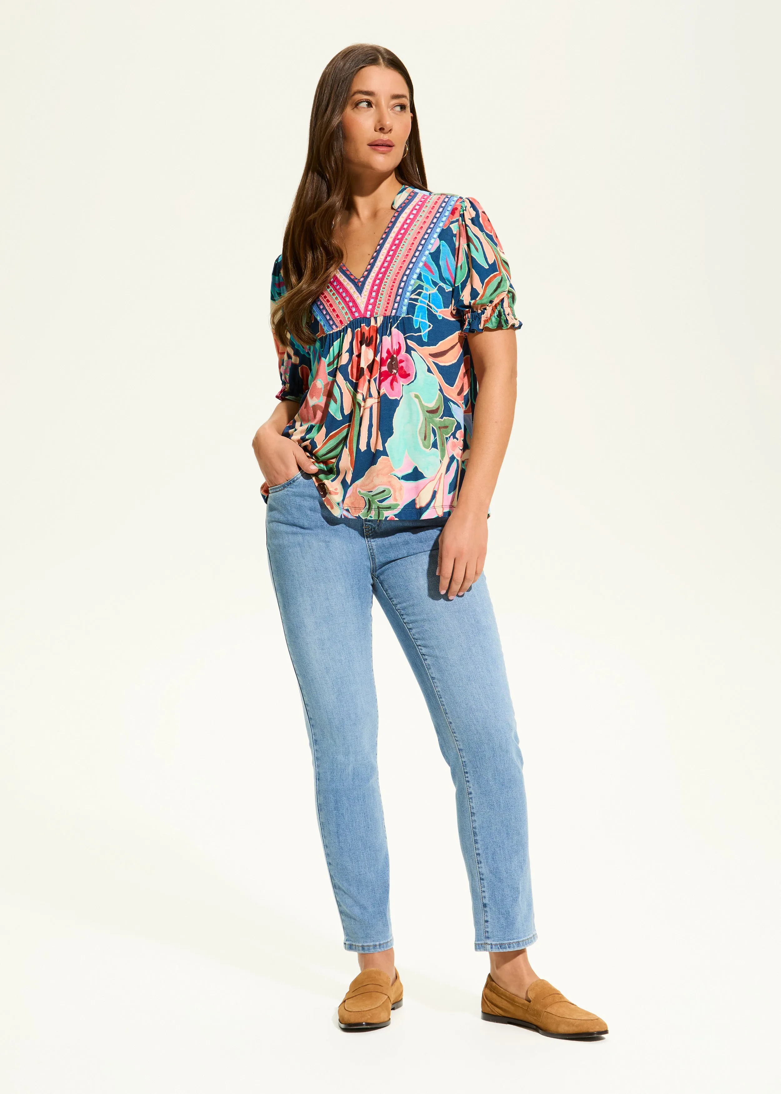 Elbow Sleeve Embellished Top, Pop Camo Floral