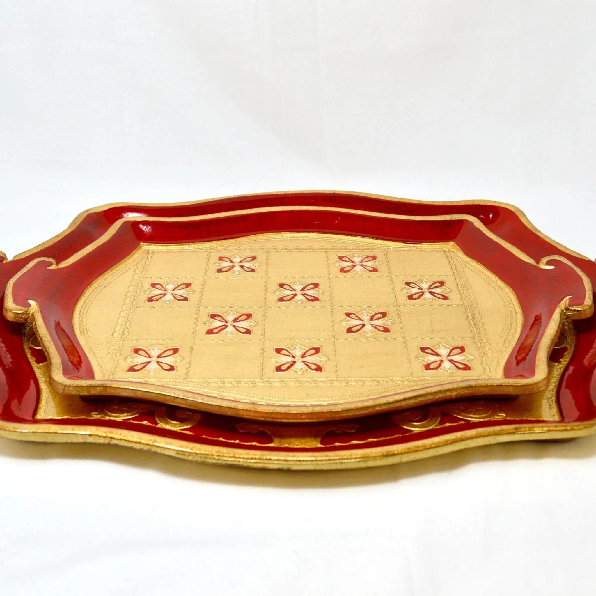 Florentine Carved Wood Tray, Large or Small, Red, Made in Italy