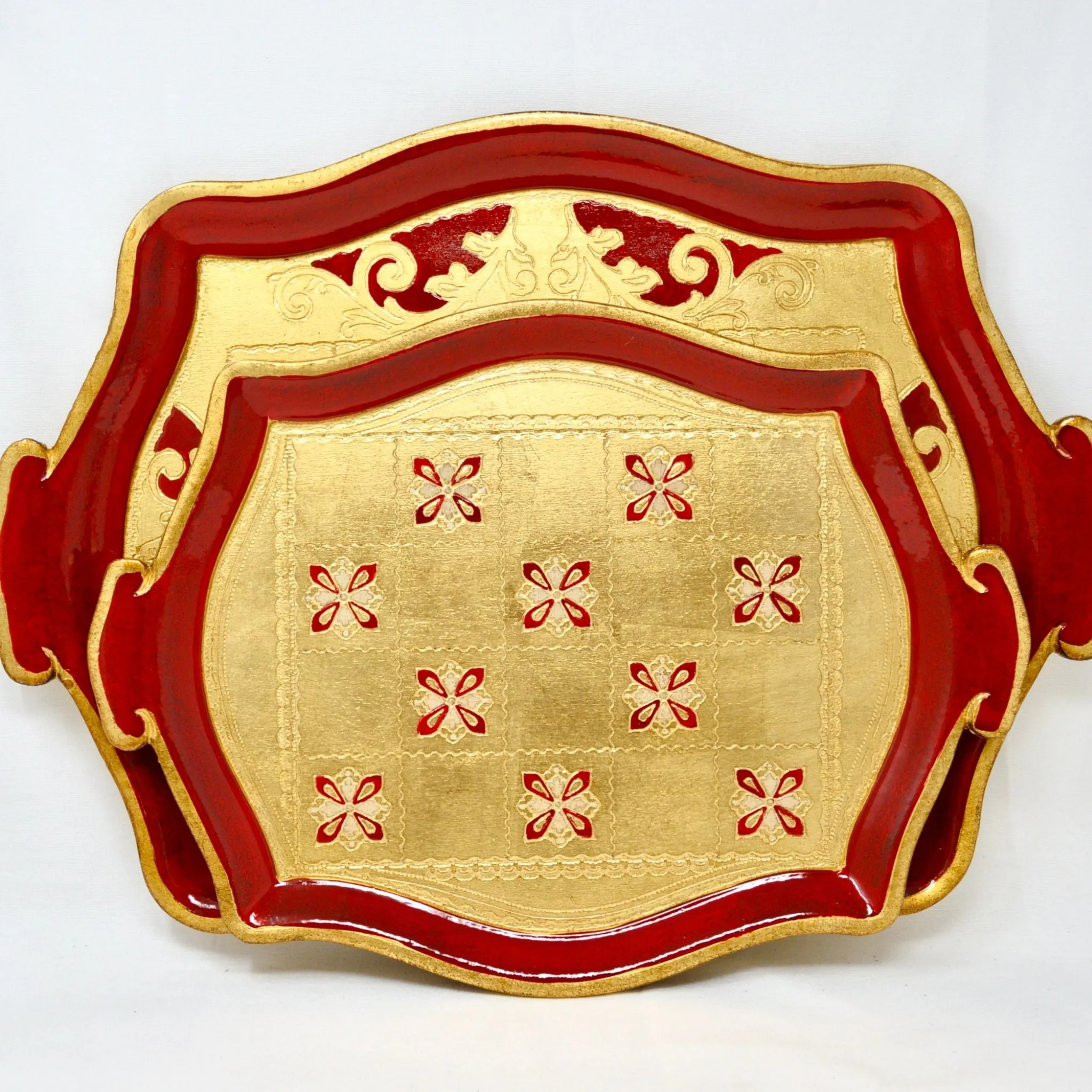 Florentine Carved Wood Tray, Large or Small, Red, Made in Italy