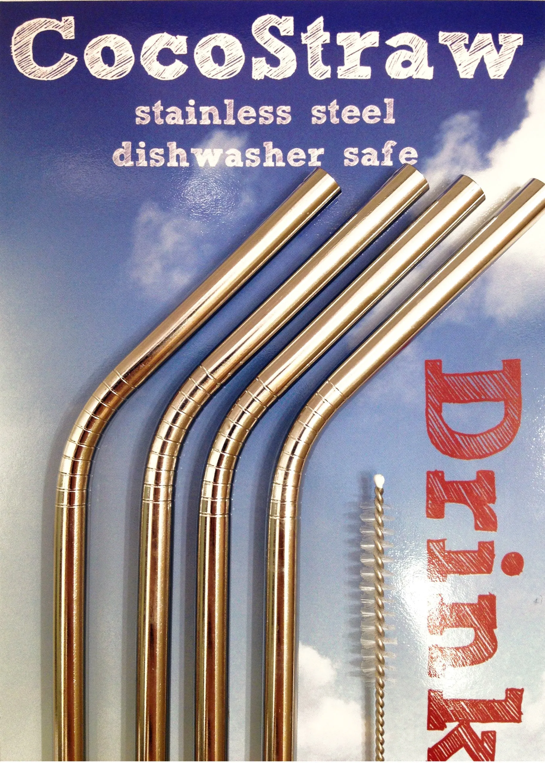 Gift Pack - Stainless Steel Reusable Drinking Straws 4 pack   Cleaning Brush *