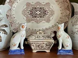 HTF Pair Flower Chintz English Staffordshire Mantle Cats