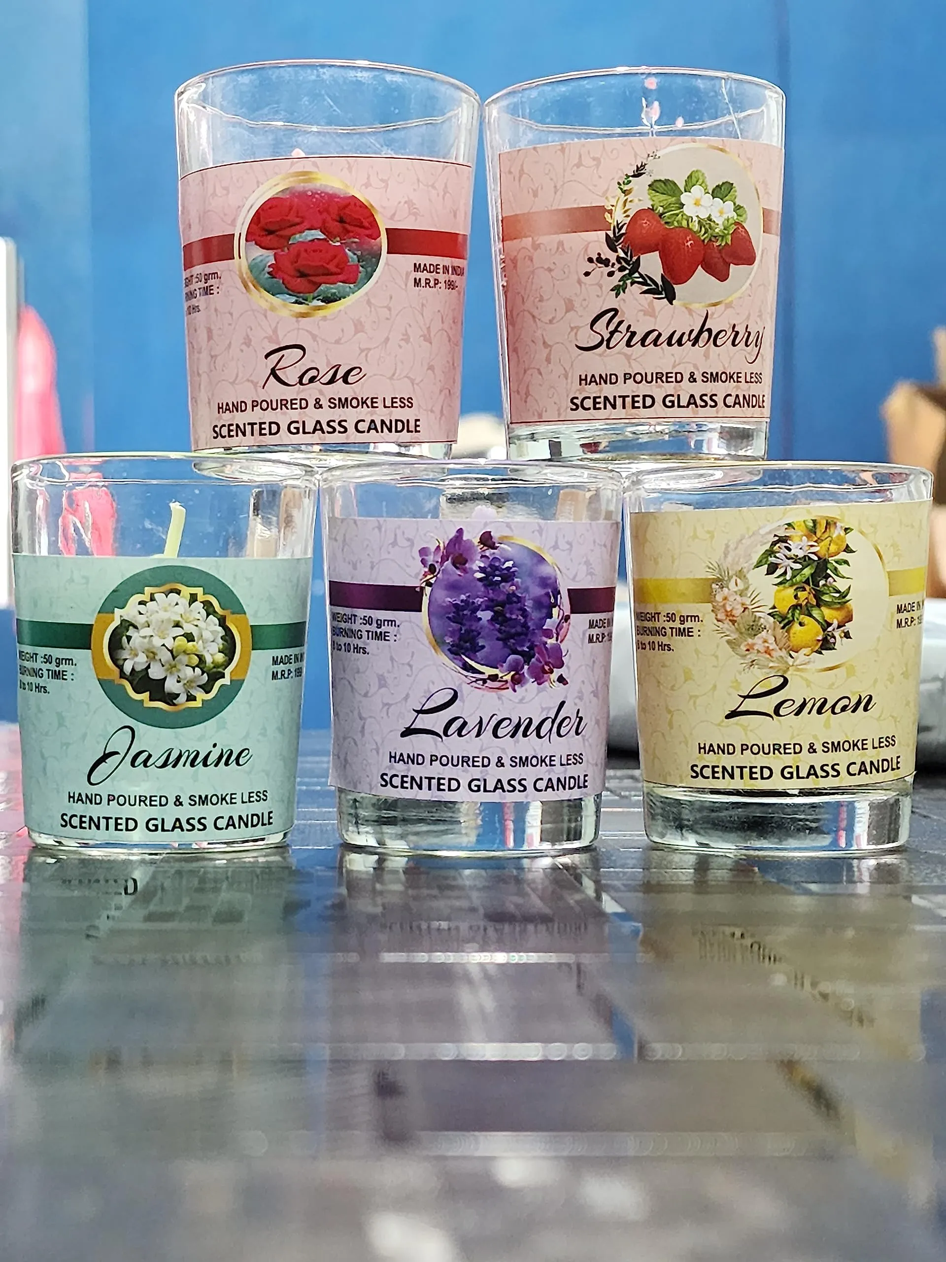 ManavRachit Glass Votive Candles Burn Time: 10 Hours, Paraffin Wax for Decoration of Diwali, Christmas, Parties & Special Occasions (Jasmine, Lamon, Lavender, Rose, Strawberry, Set of 5)