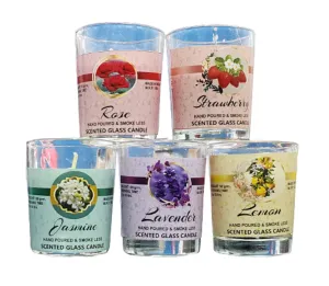 ManavRachit Glass Votive Candles Burn Time: 10 Hours, Paraffin Wax for Decoration of Diwali, Christmas, Parties & Special Occasions (Jasmine, Lamon, Lavender, Rose, Strawberry, Set of 5)