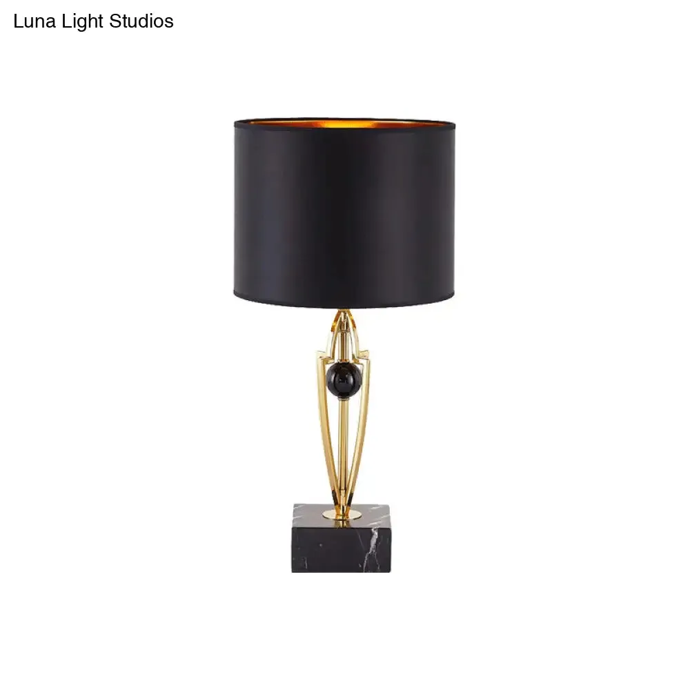 Modernist Small Black Desk Lamp with Marble Base - Fabric Drum Task Light for Efficient Lighting