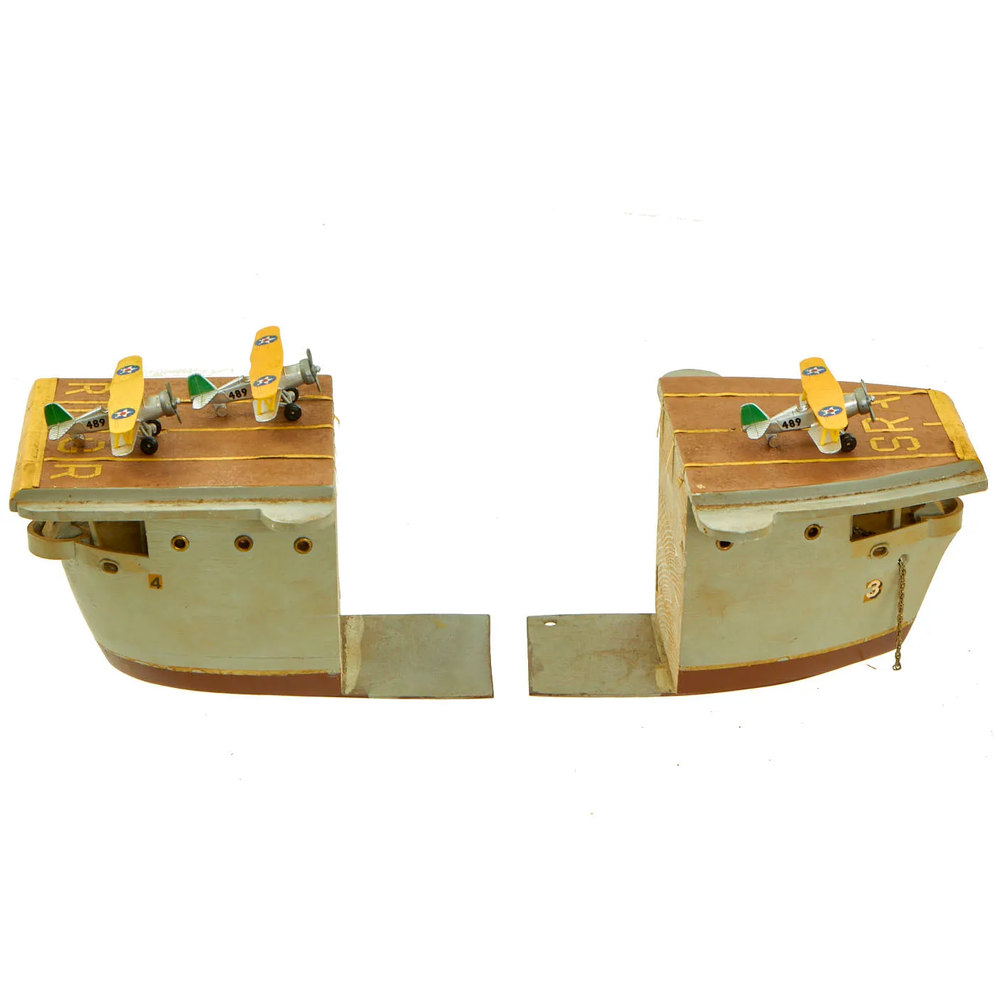 Original U.S. WWII Folk Art Aircraft Carrier Bookends - U.S.S. Saratoga and the U.S.S. Ranger