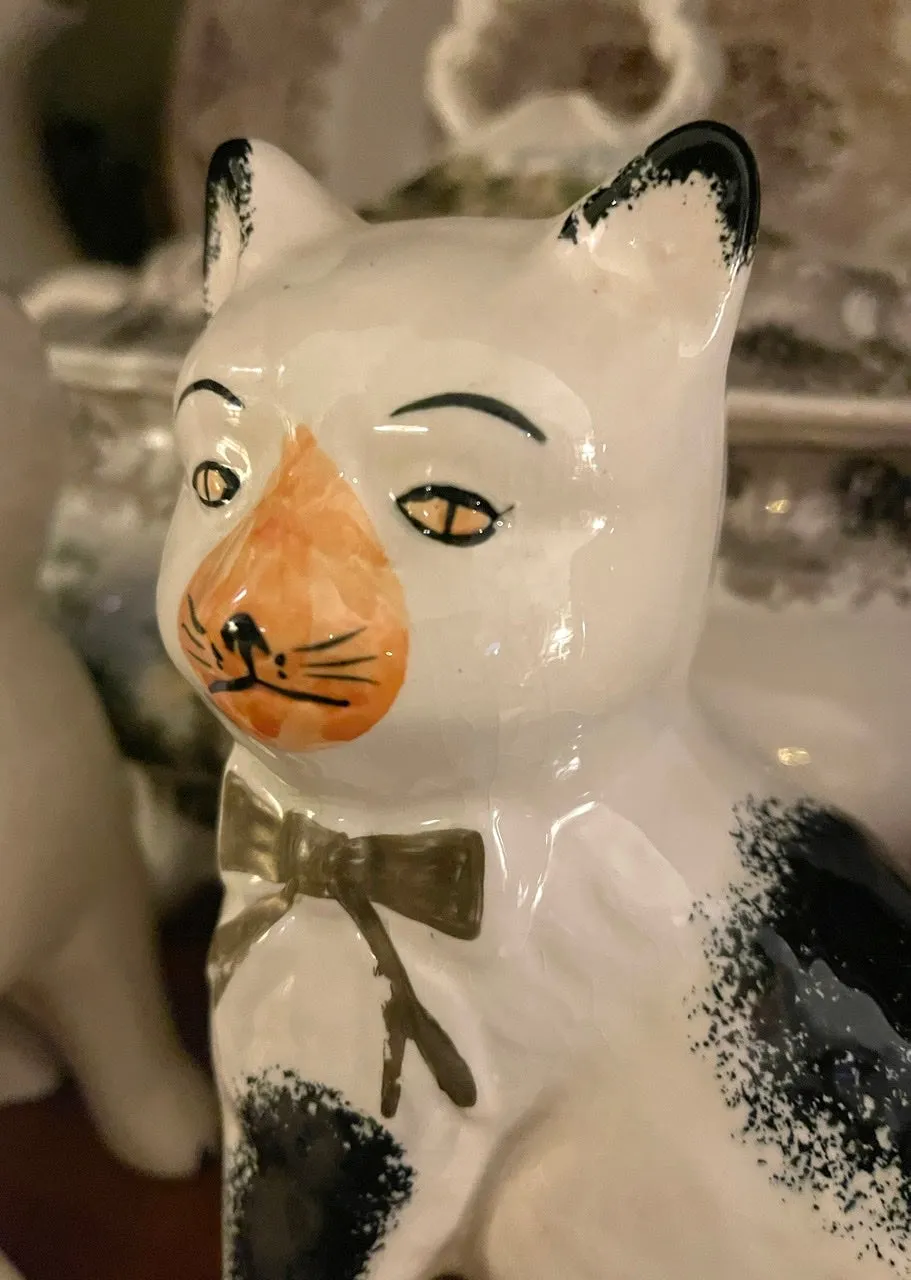 Pair Black & White Sponged spotted English Staffordshire Mantle Cats w/ Gold Luster Bows