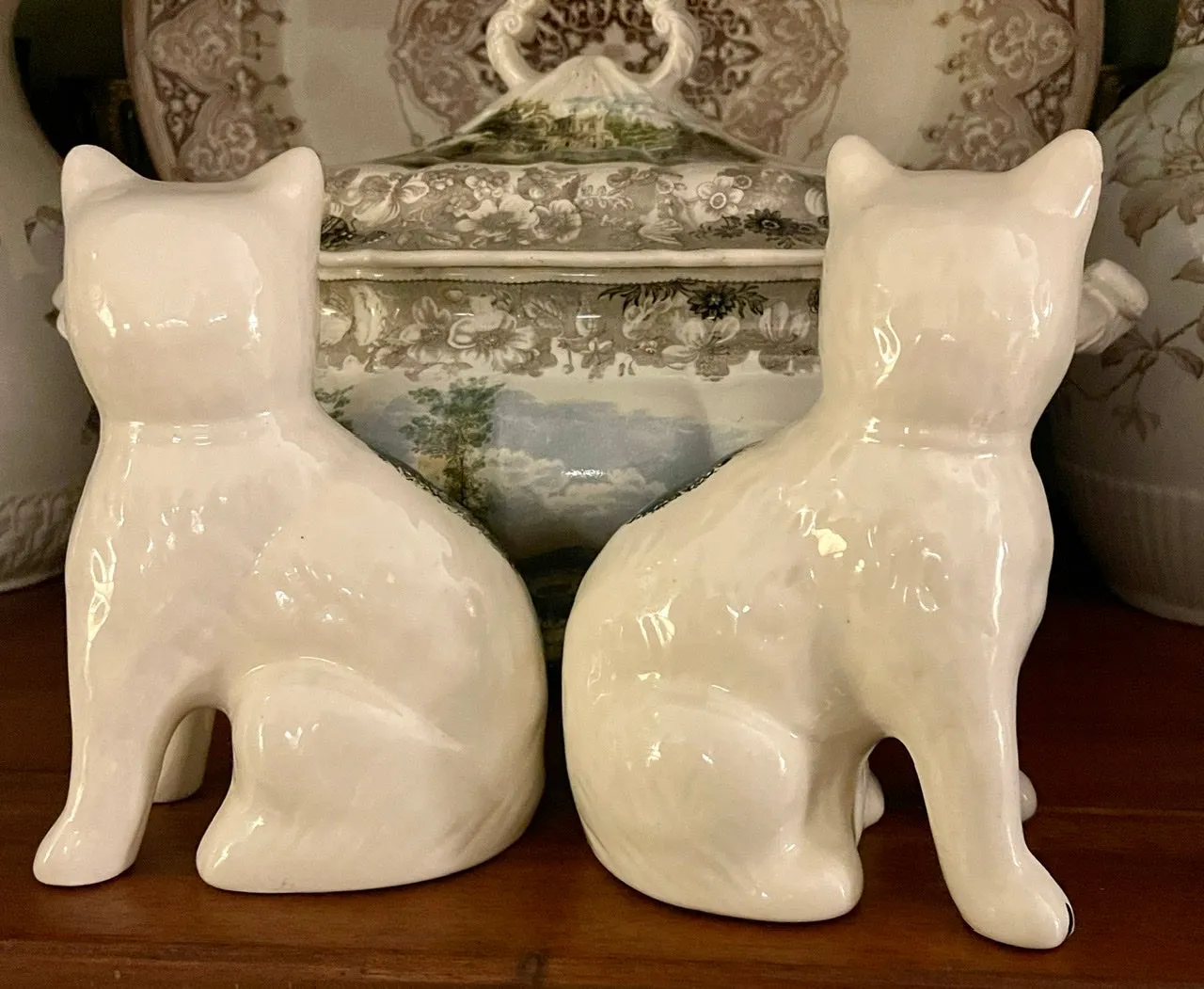 Pair Black & White Sponged spotted English Staffordshire Mantle Cats w/ Gold Luster Bows