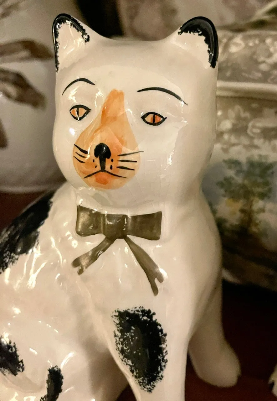 Pair Black & White Sponged spotted English Staffordshire Mantle Cats w/ Gold Luster Bows