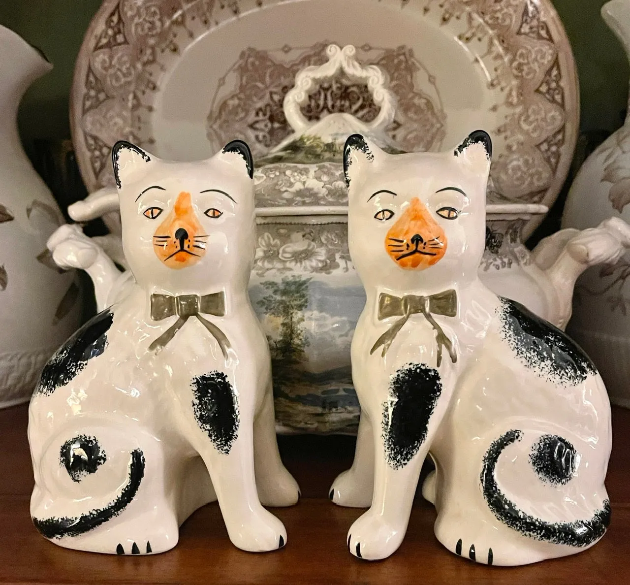 Pair Black & White Sponged spotted English Staffordshire Mantle Cats w/ Gold Luster Bows