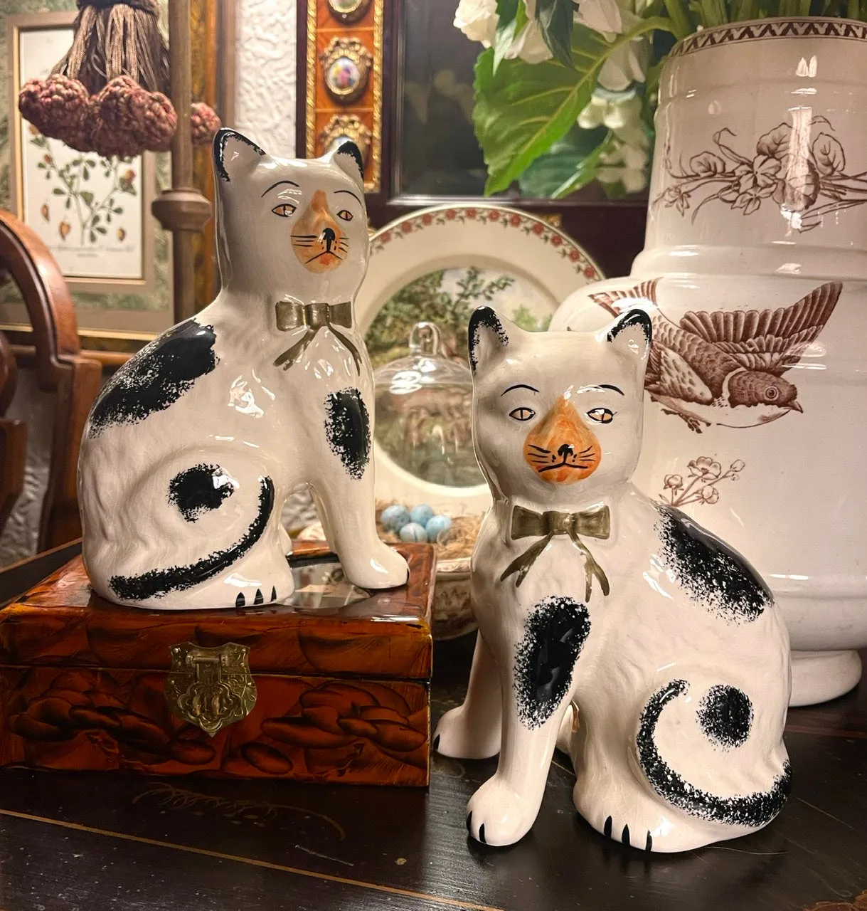 Pair Black & White Sponged spotted English Staffordshire Mantle Cats w/ Gold Luster Bows