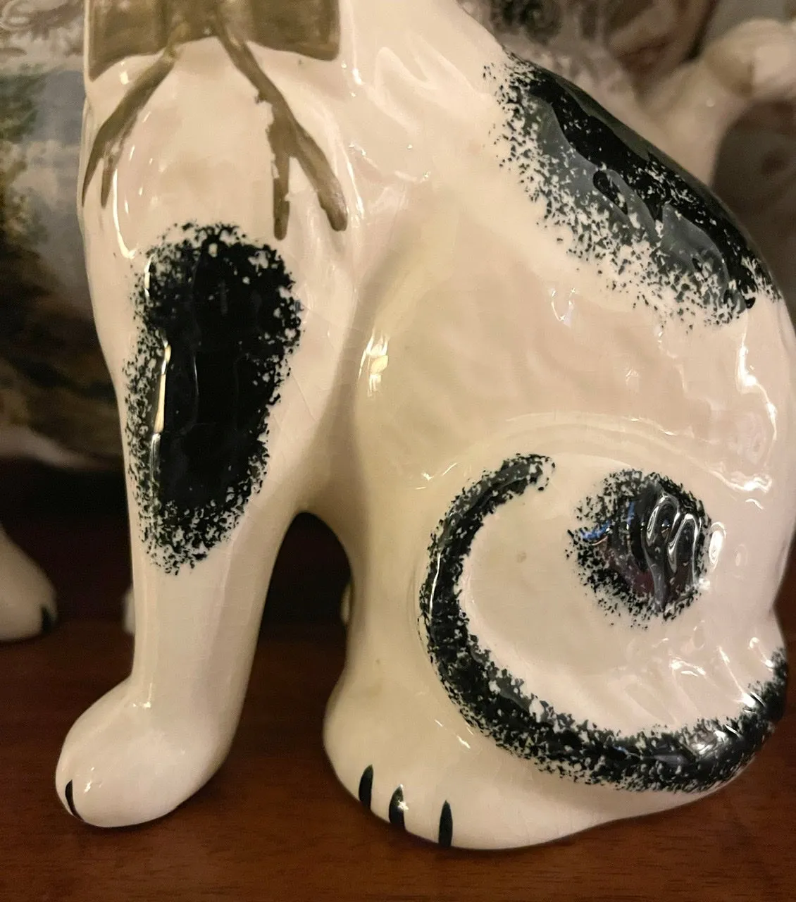 Pair Black & White Sponged spotted English Staffordshire Mantle Cats w/ Gold Luster Bows