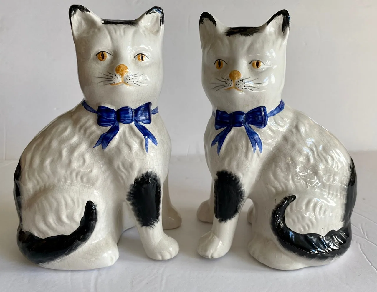 Pair White w/ Black Spots English Staffordshire Mantle Cats w/ Blue Bows