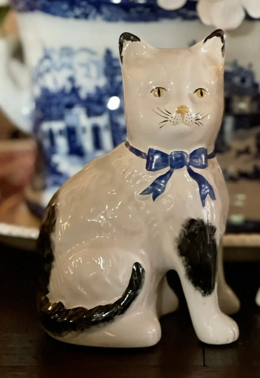 Pair White w/ Black Spots English Staffordshire Mantle Cats w/ Blue Bows